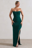 Eletta Bottle Green Ruched Bandeau Asymmetric Maxi Dress