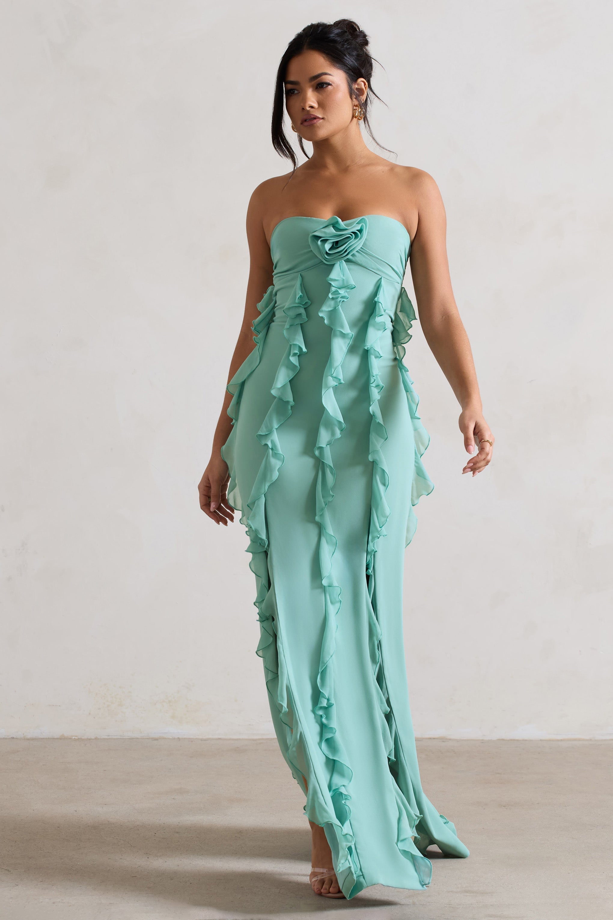 Gardenia Mint Green Strapless Ruffle Maxi Dress With Corsage