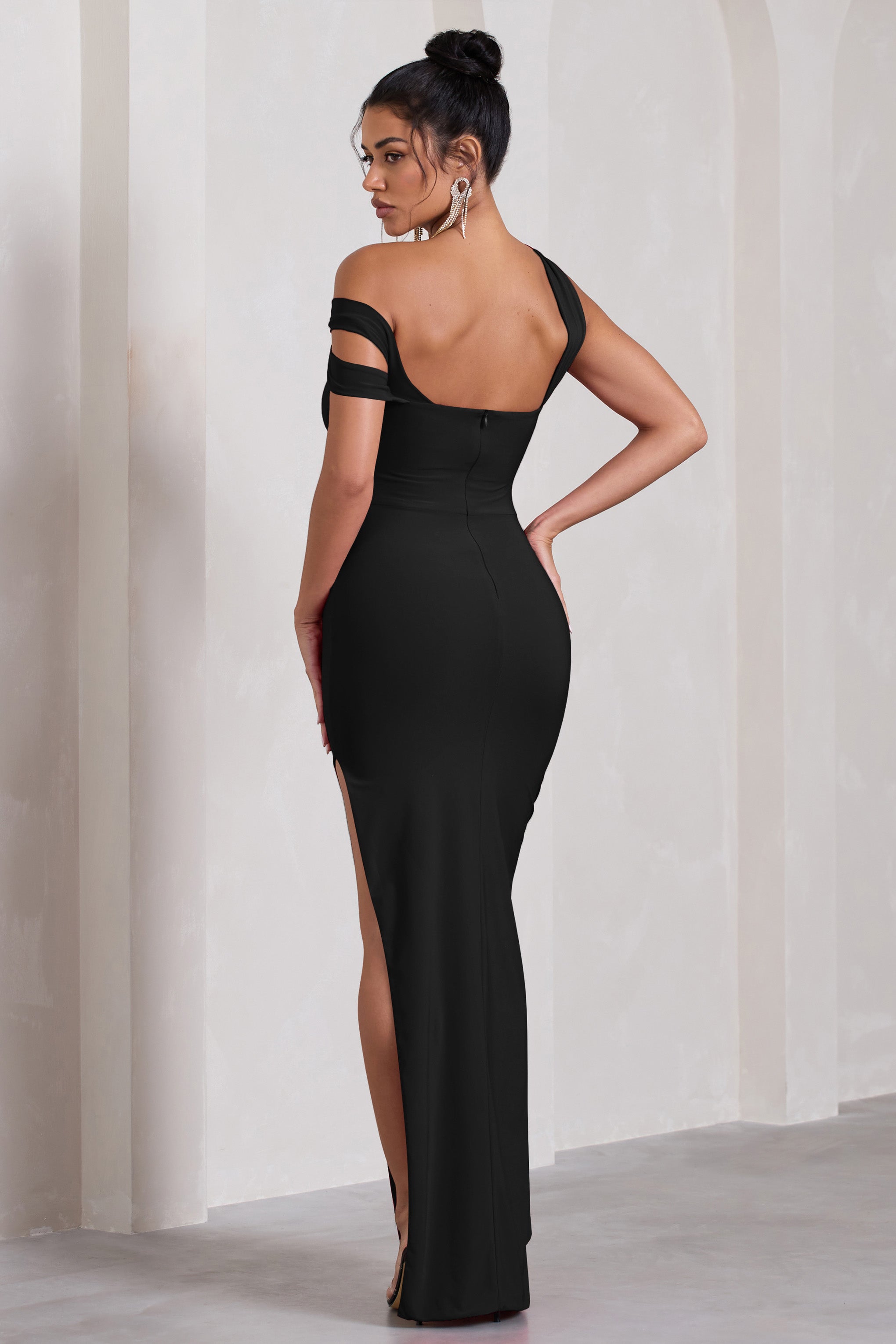 To The Max Black Strappy Asymmetric Split Maxi Dress With Drape
