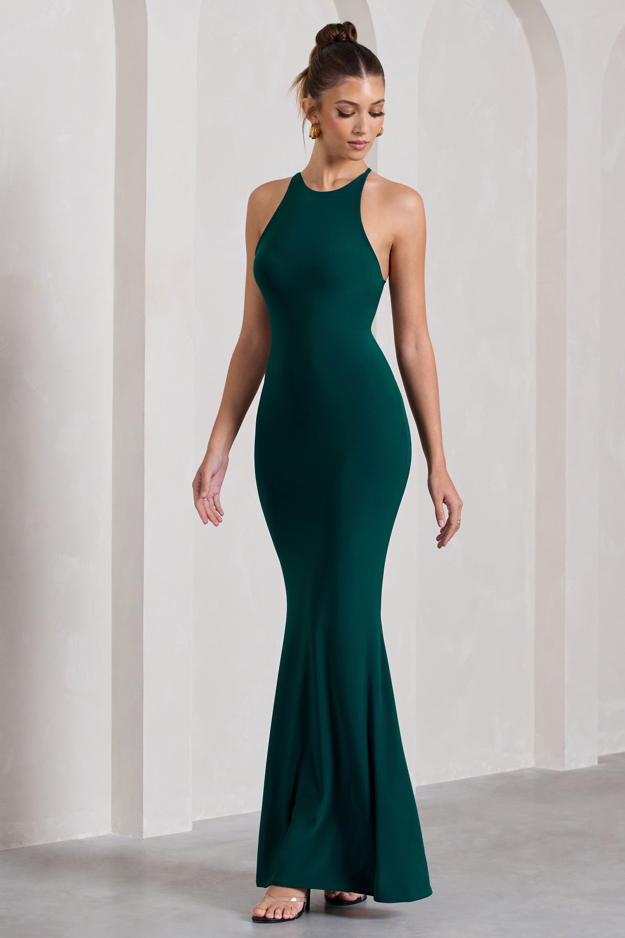 Brianna Bottle Green Sleeveless Halter-Neck Open-Back Maxi Dress