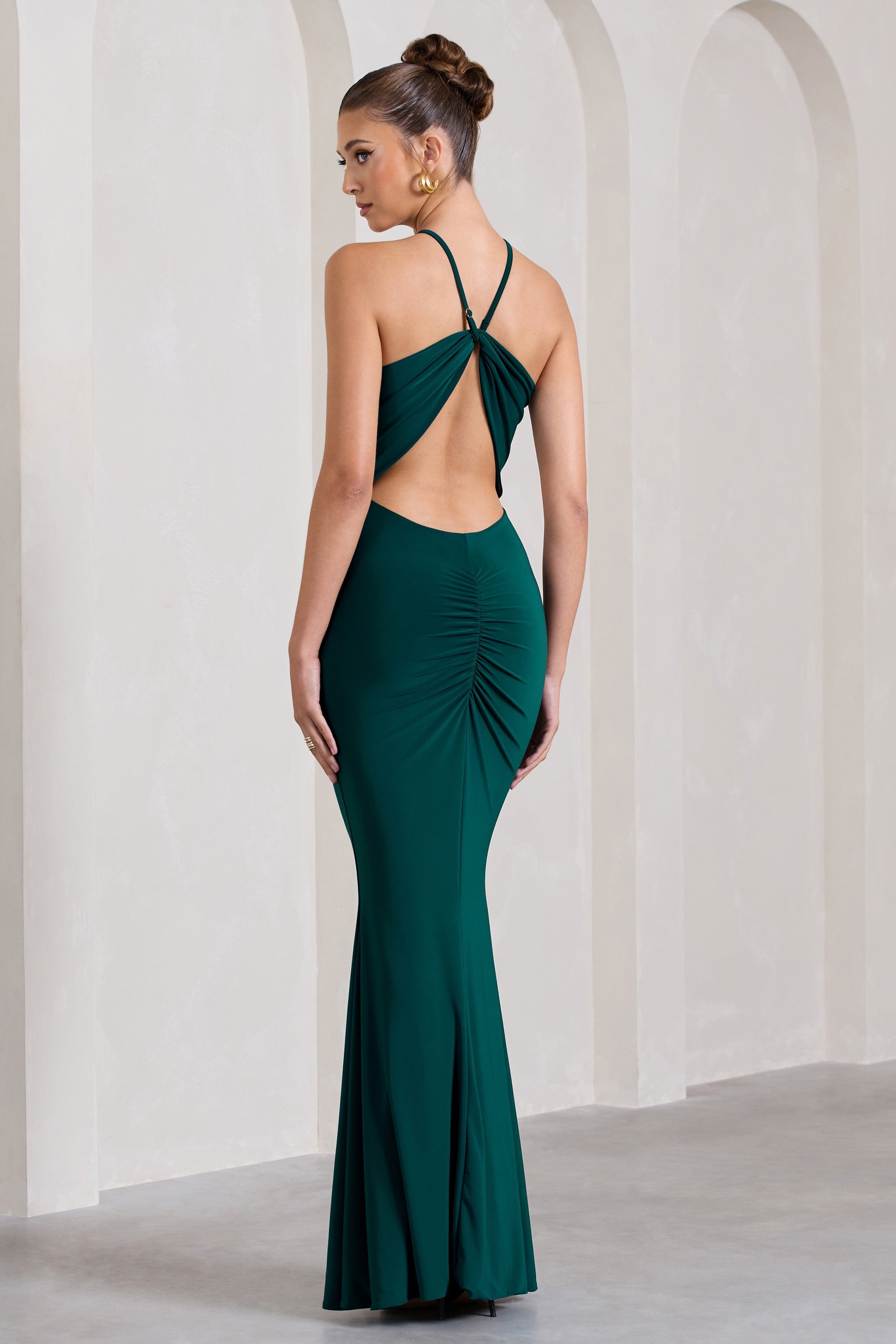 Brianna Bottle Green Sleeveless Halter-Neck Open-Back Maxi Dress