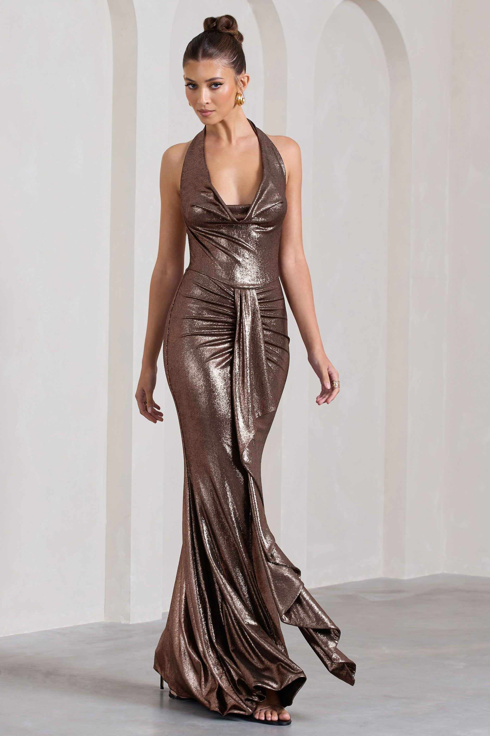 Kaia Bronze Metallic Ruched Cowl-Neck Maxi Dress With Drape