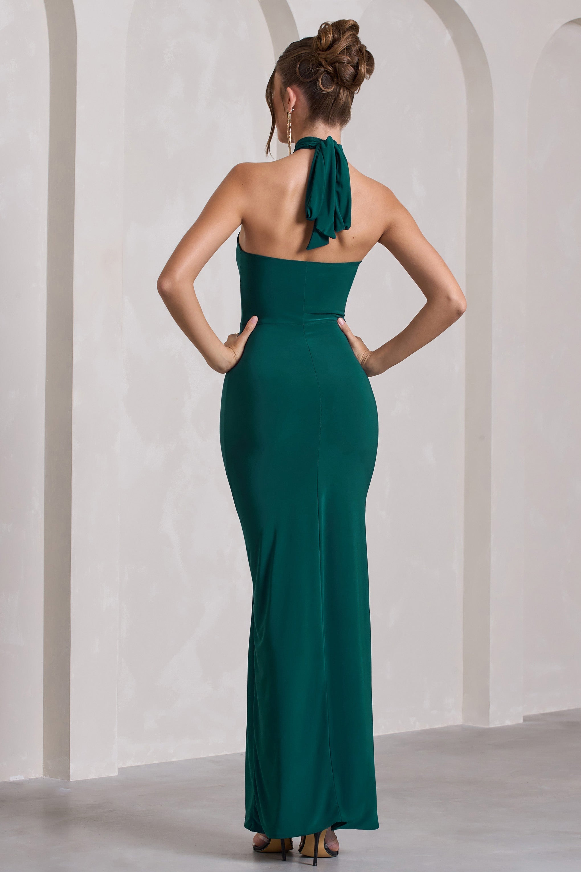 Pamela Bottle Green Halter-Neck Sleeveless Split Maxi Dress