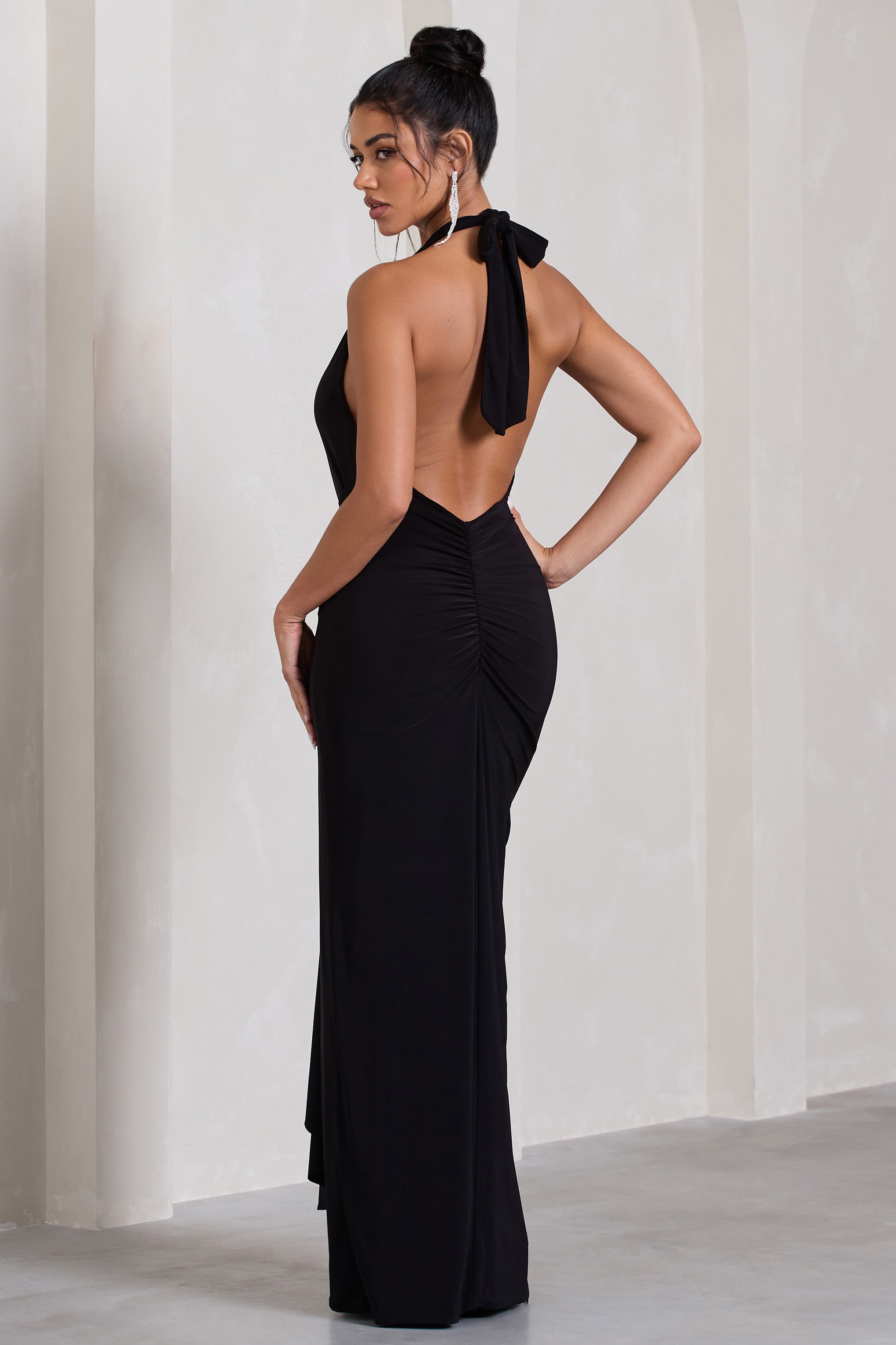 Tabloid Talk Black Plunge Halter-Neck Maxi Dress With Twisted Drape