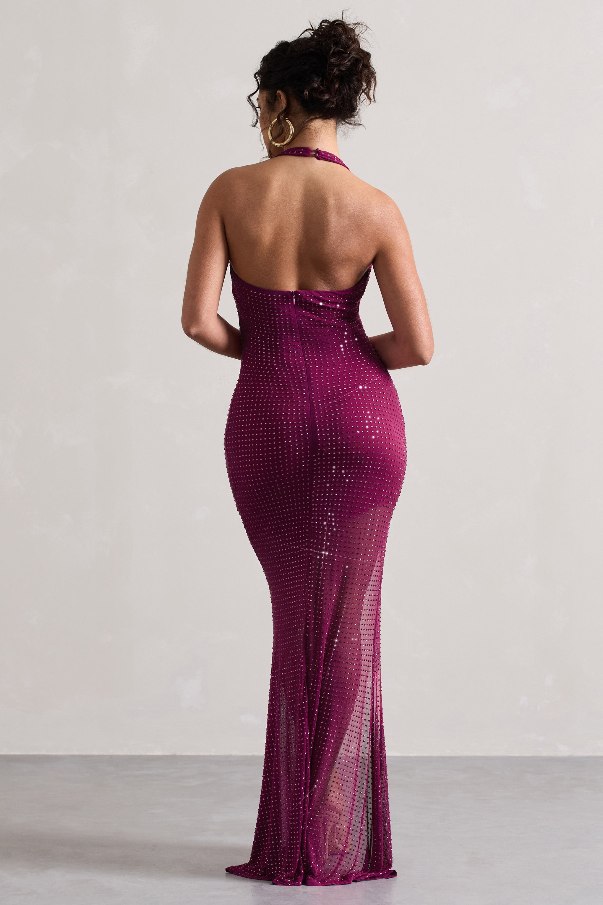 Diaz Dark Pink Embellished Cowl-Neck Split Maxi Dress