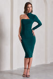Liz Bottle Green Halter-Neck One Sleeve Open-Back Midi Dress With Sash