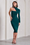 Liz Bottle Green Halter-Neck One Sleeve Open-Back Midi Dress With Sash