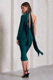 Liz Bottle Green Halter-Neck One Sleeve Open-Back Midi Dress With Sash