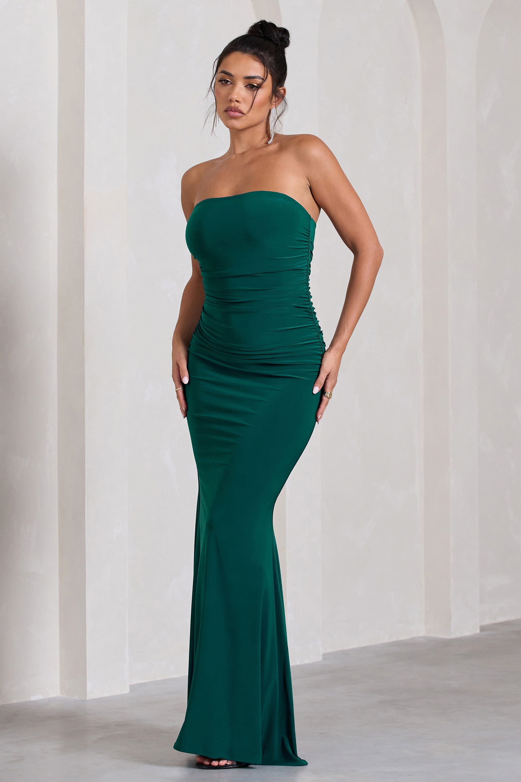 Wren Bottle Green Ruched Bandeau Maxi Dress