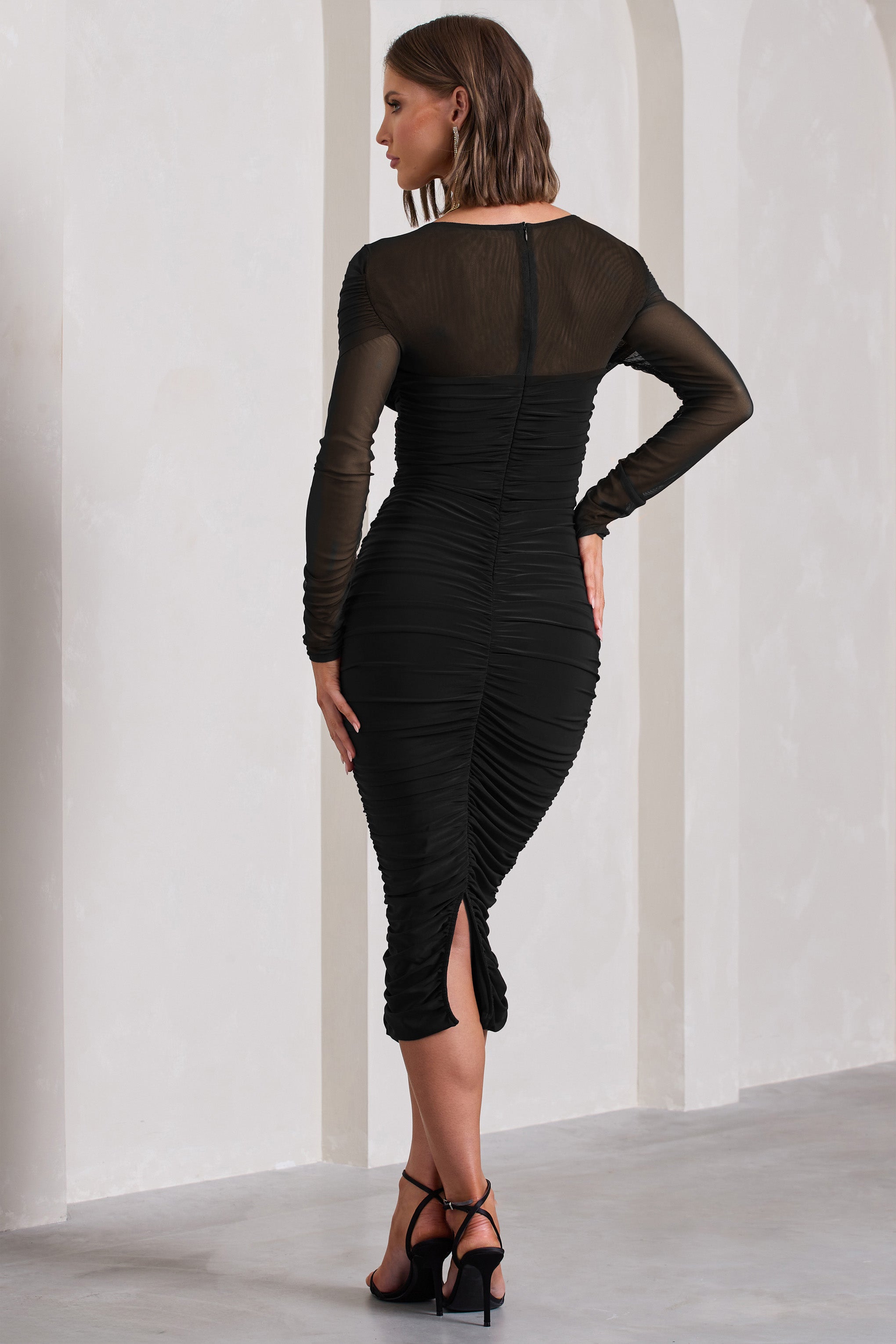 Between The Lines Black Ruched Mesh Long-Sleeved Bodycon Midi Dress