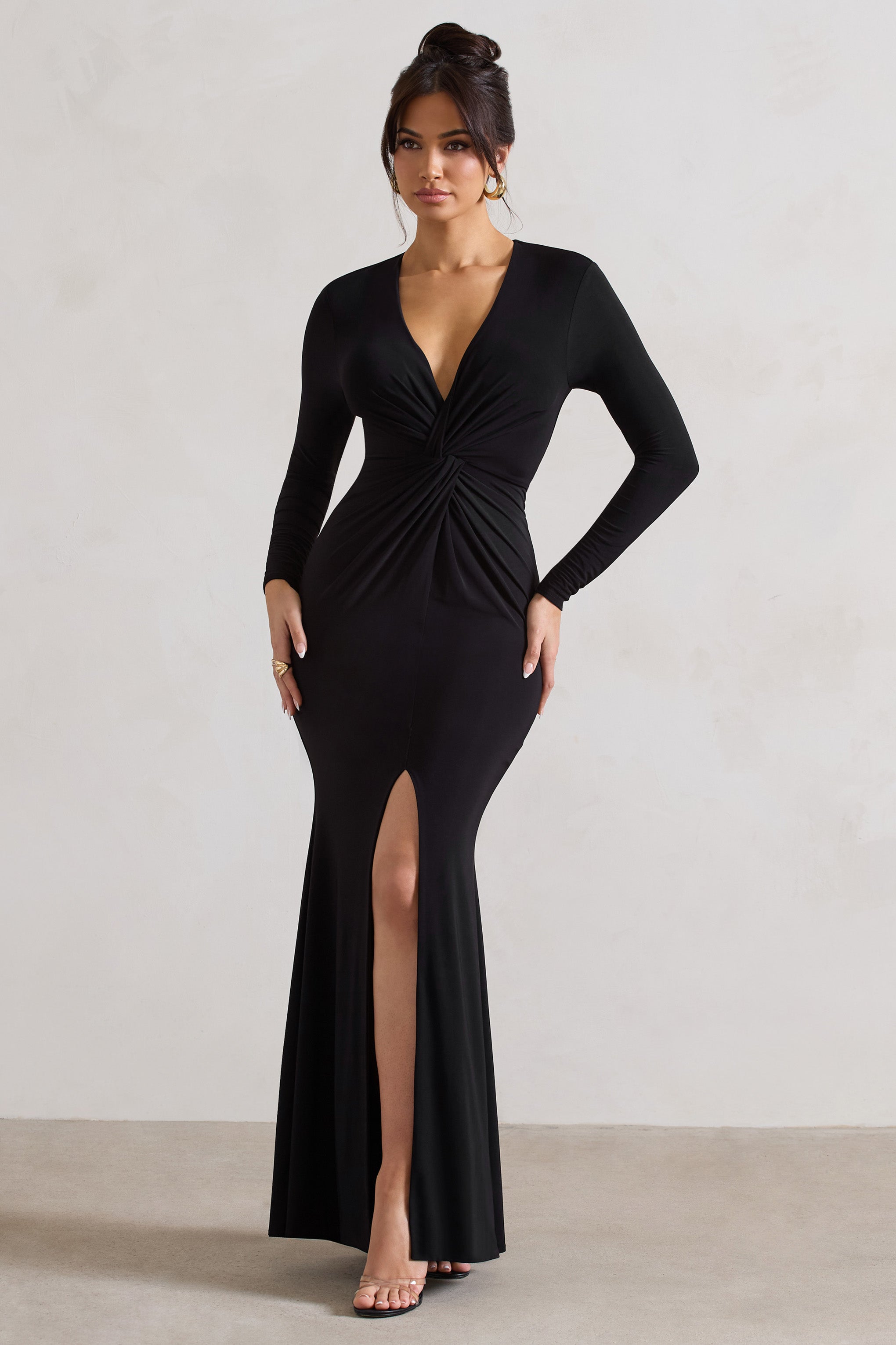 Tianna Black Plunge-Neck Twisted Split Maxi Dress