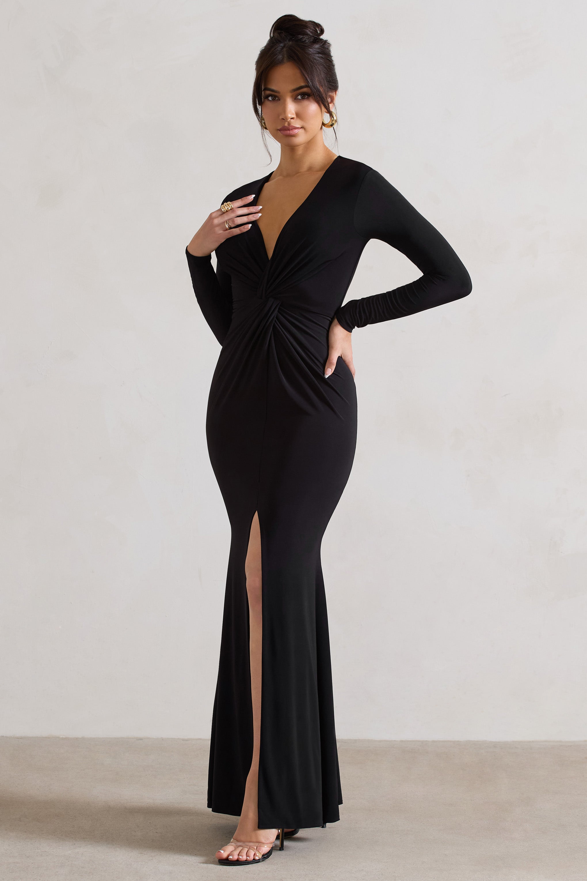 Tianna Black Plunge-Neck Twisted Split Maxi Dress