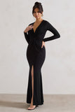 Tianna Black Plunge-Neck Twisted Split Maxi Dress