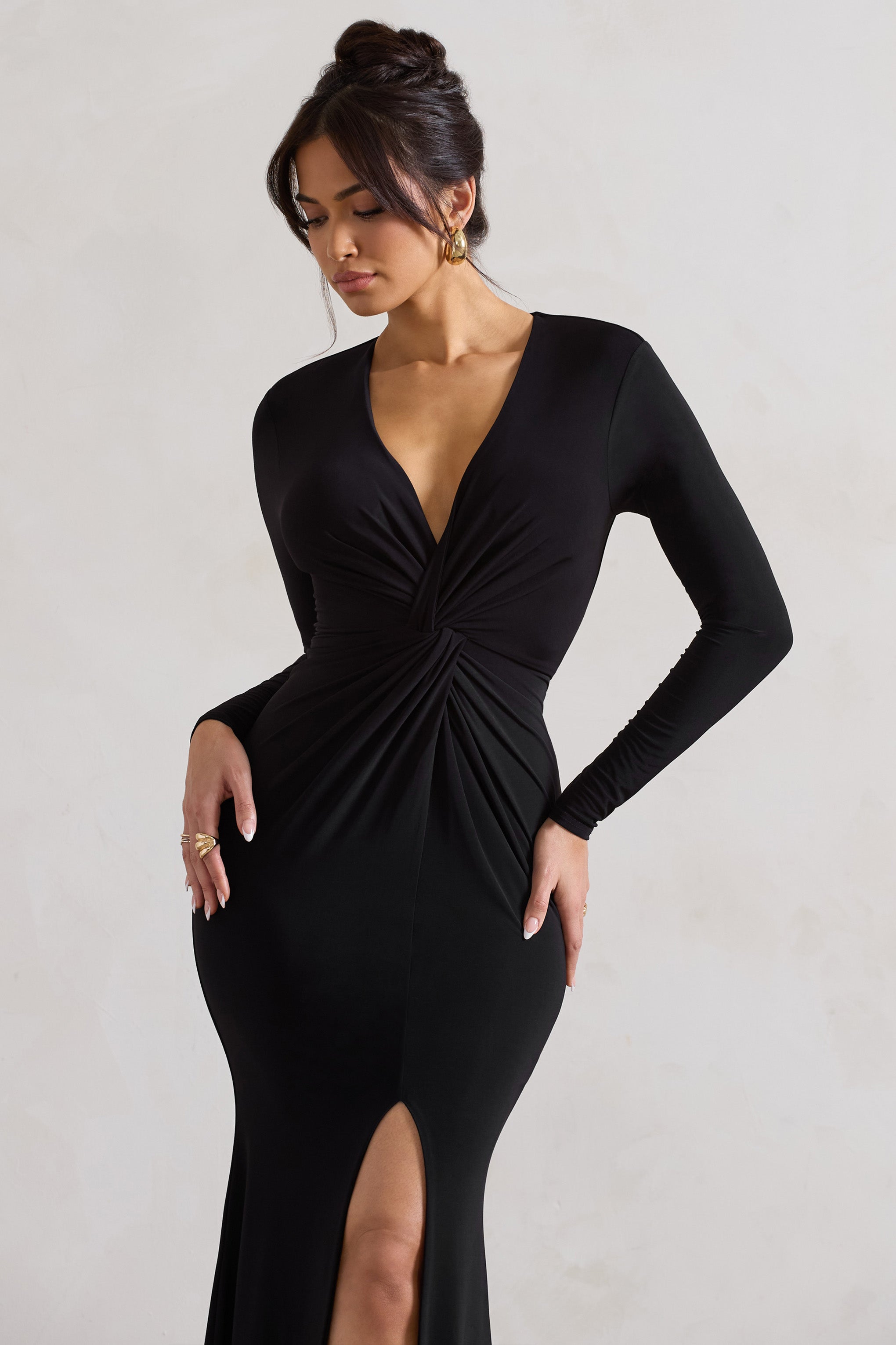 Tianna Black Plunge-Neck Twisted Split Maxi Dress
