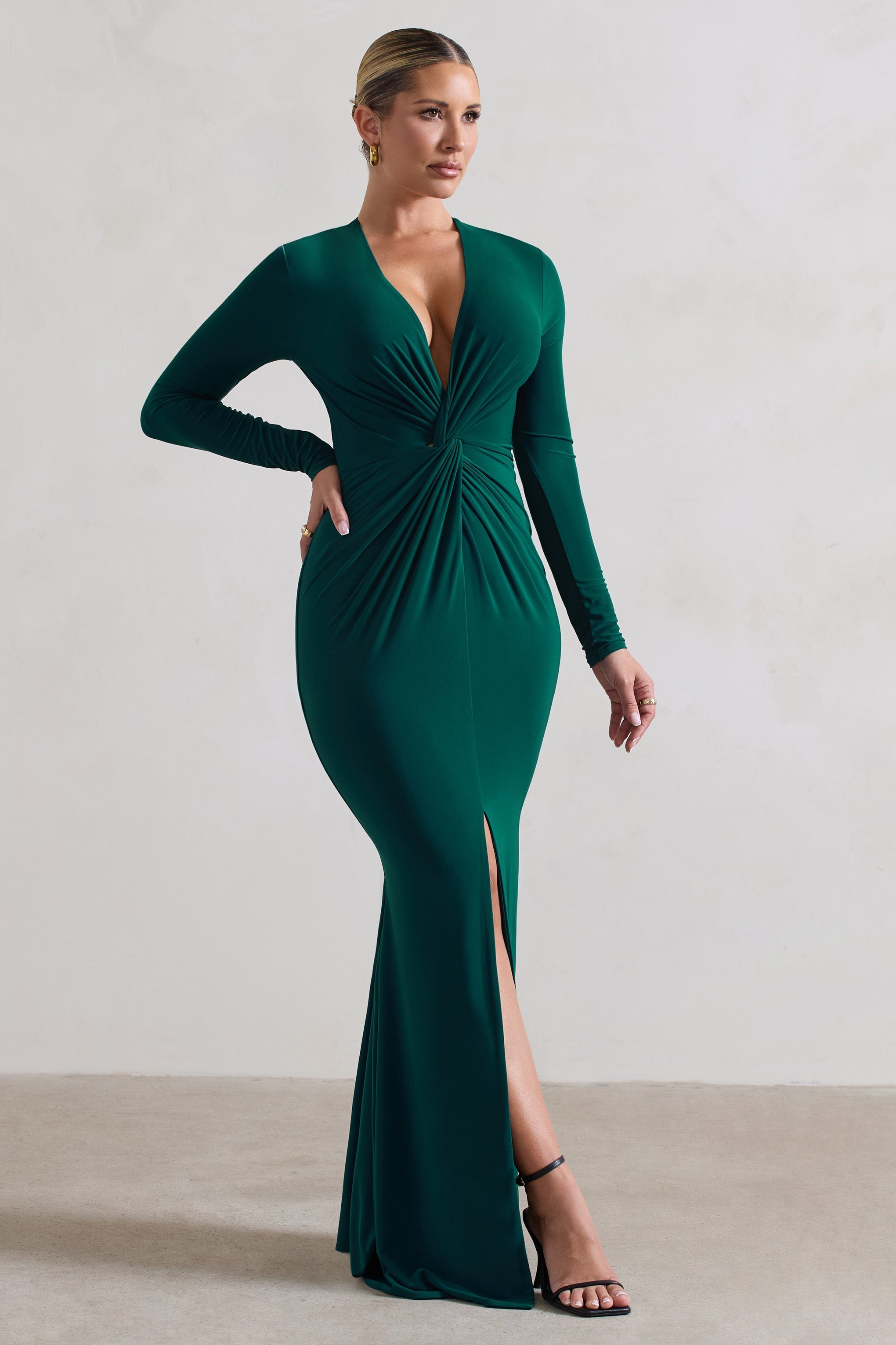 Tianna Bottle Green Plunge-Neck Twisted Split Maxi Dress