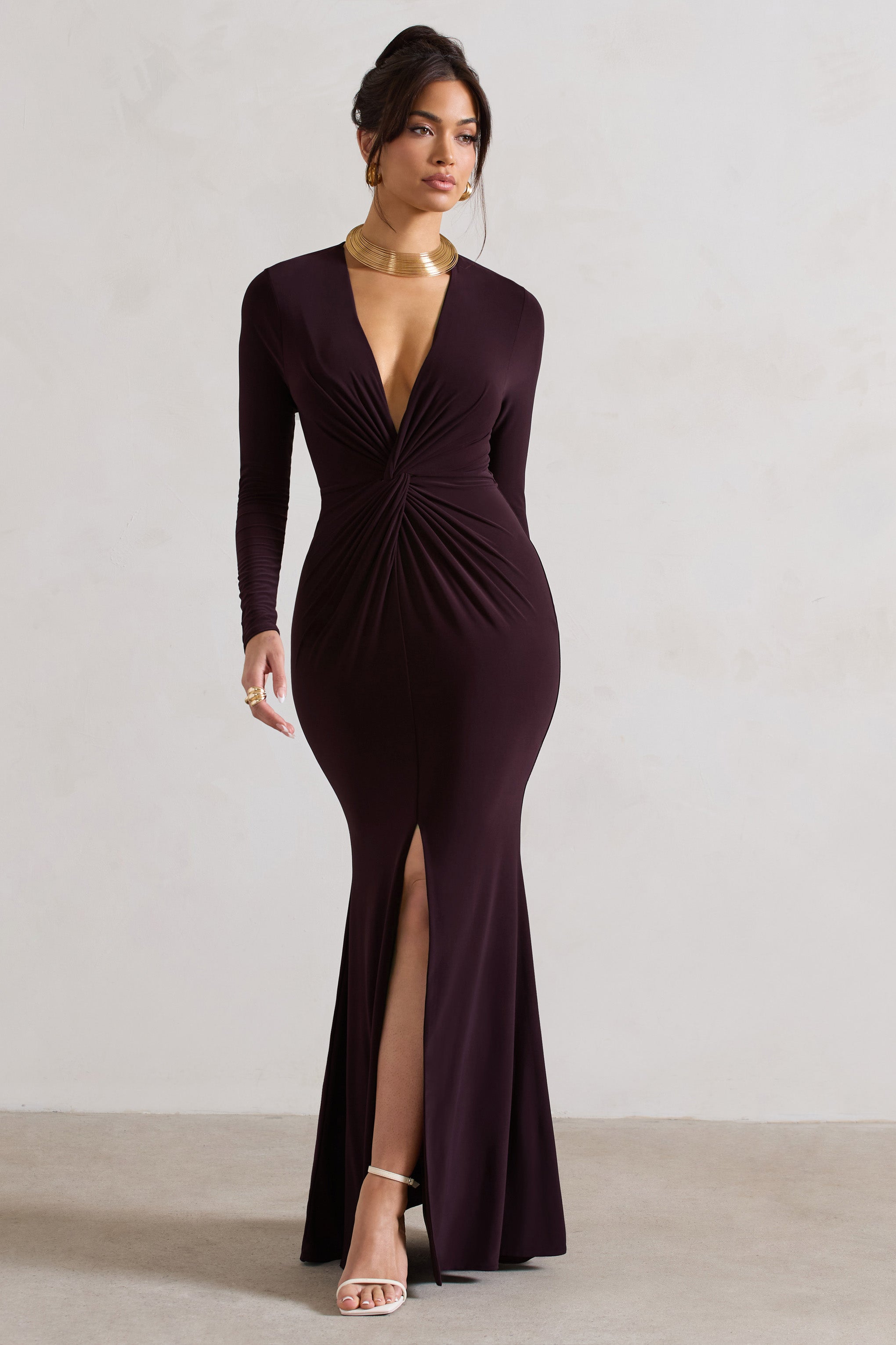Tianna Dark Plum Plunge-Neck Twisted Split Maxi Dress