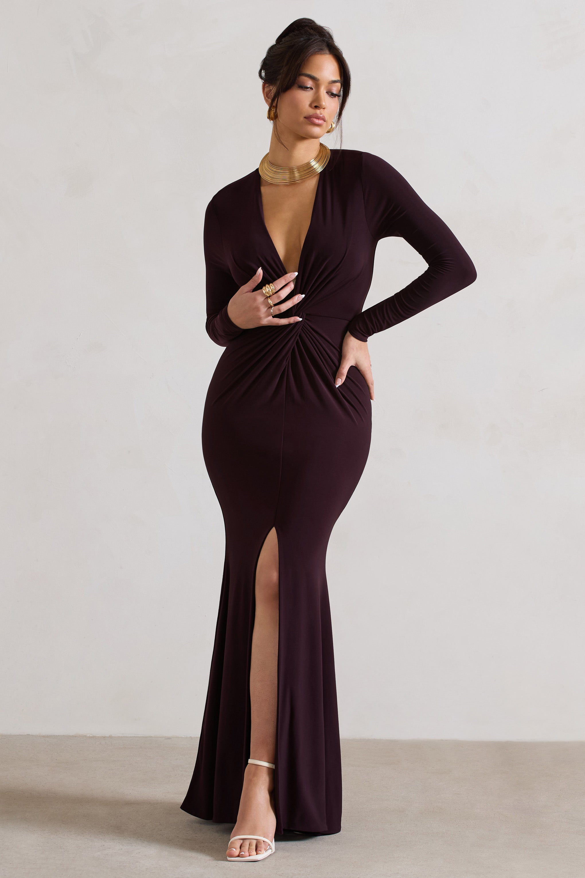Tianna Dark Plum Plunge-Neck Twisted Split Maxi Dress