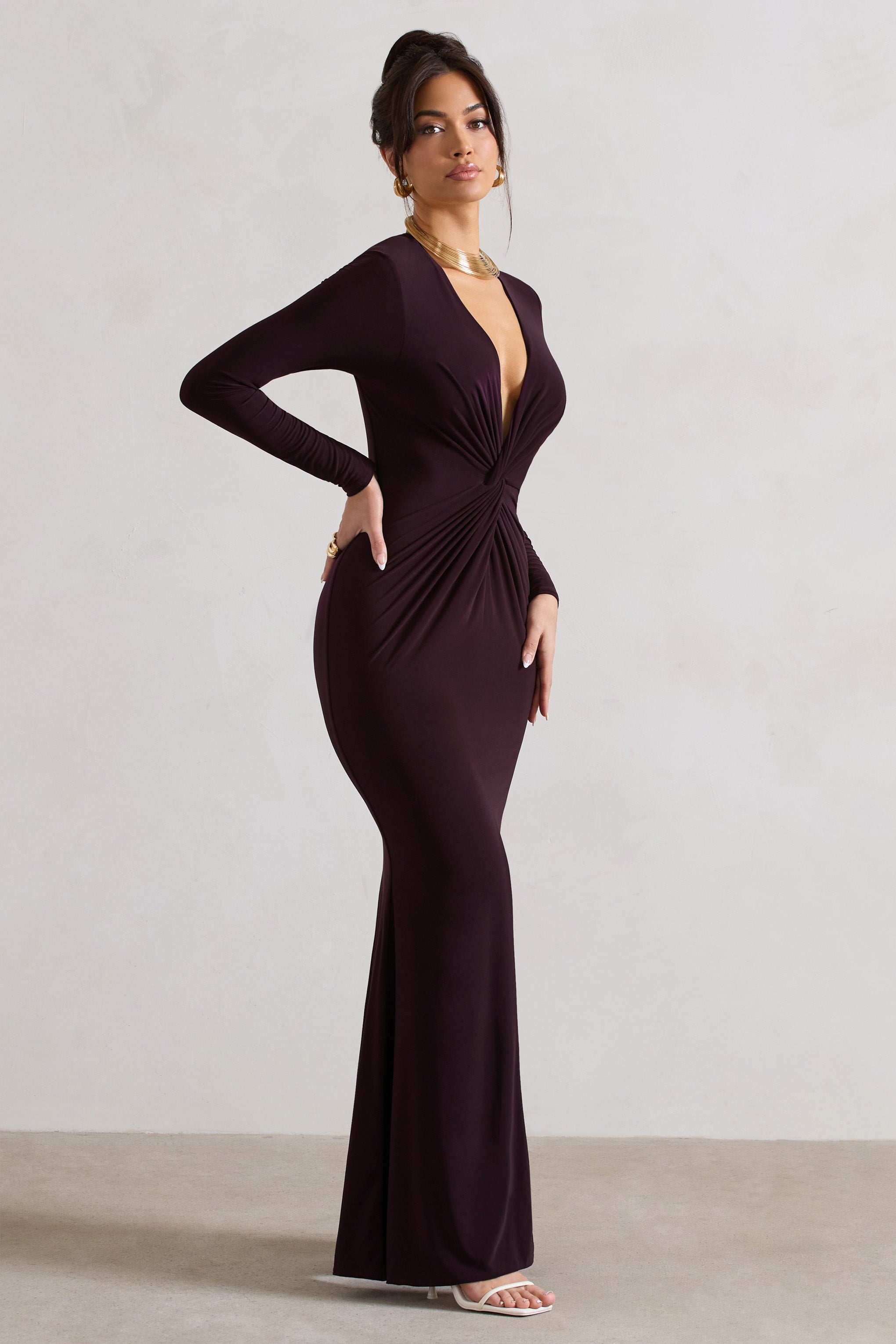 Tianna Dark Plum Plunge-Neck Twisted Split Maxi Dress