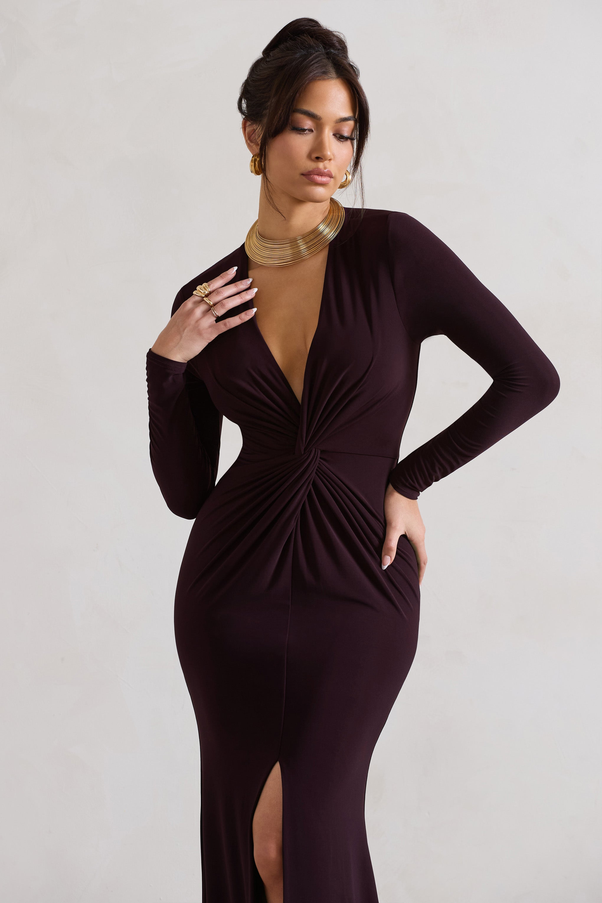 Tianna Dark Plum Plunge-Neck Twisted Split Maxi Dress