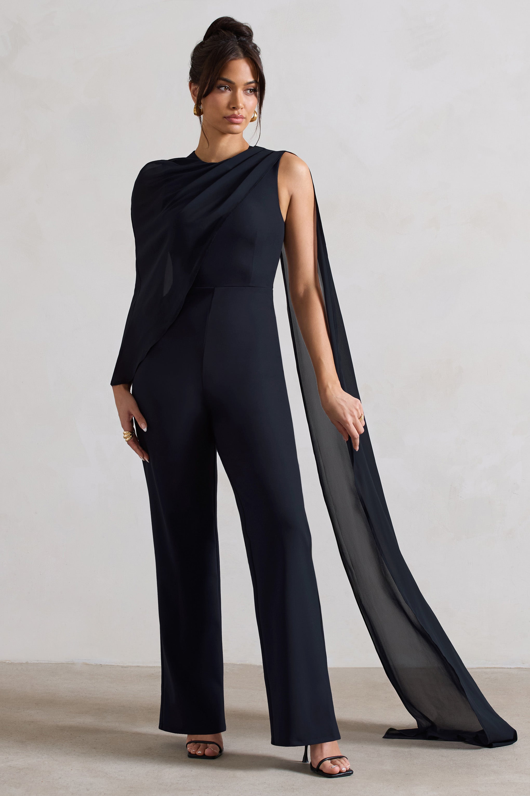 Malina Navy Straight-Leg Jumpsuit With Chiffon Cape