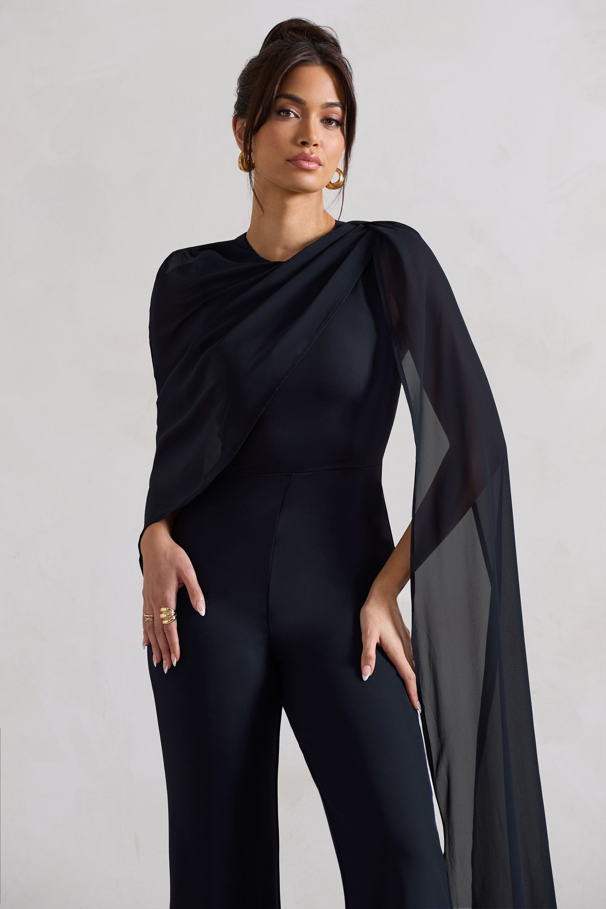 Malina Navy Straight-Leg Jumpsuit With Chiffon Cape
