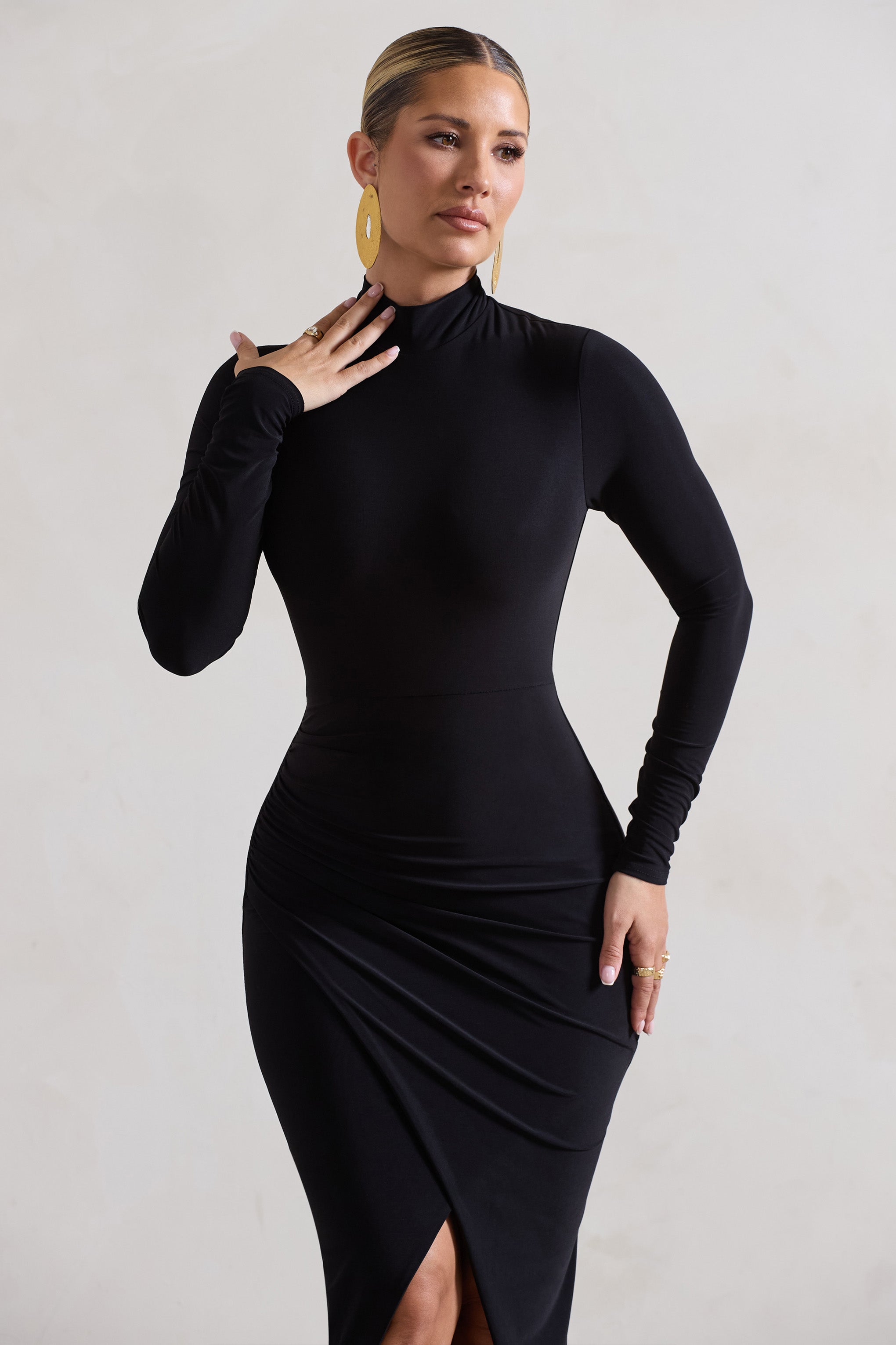 Soha Black High-Neck Wrap Midi Dress