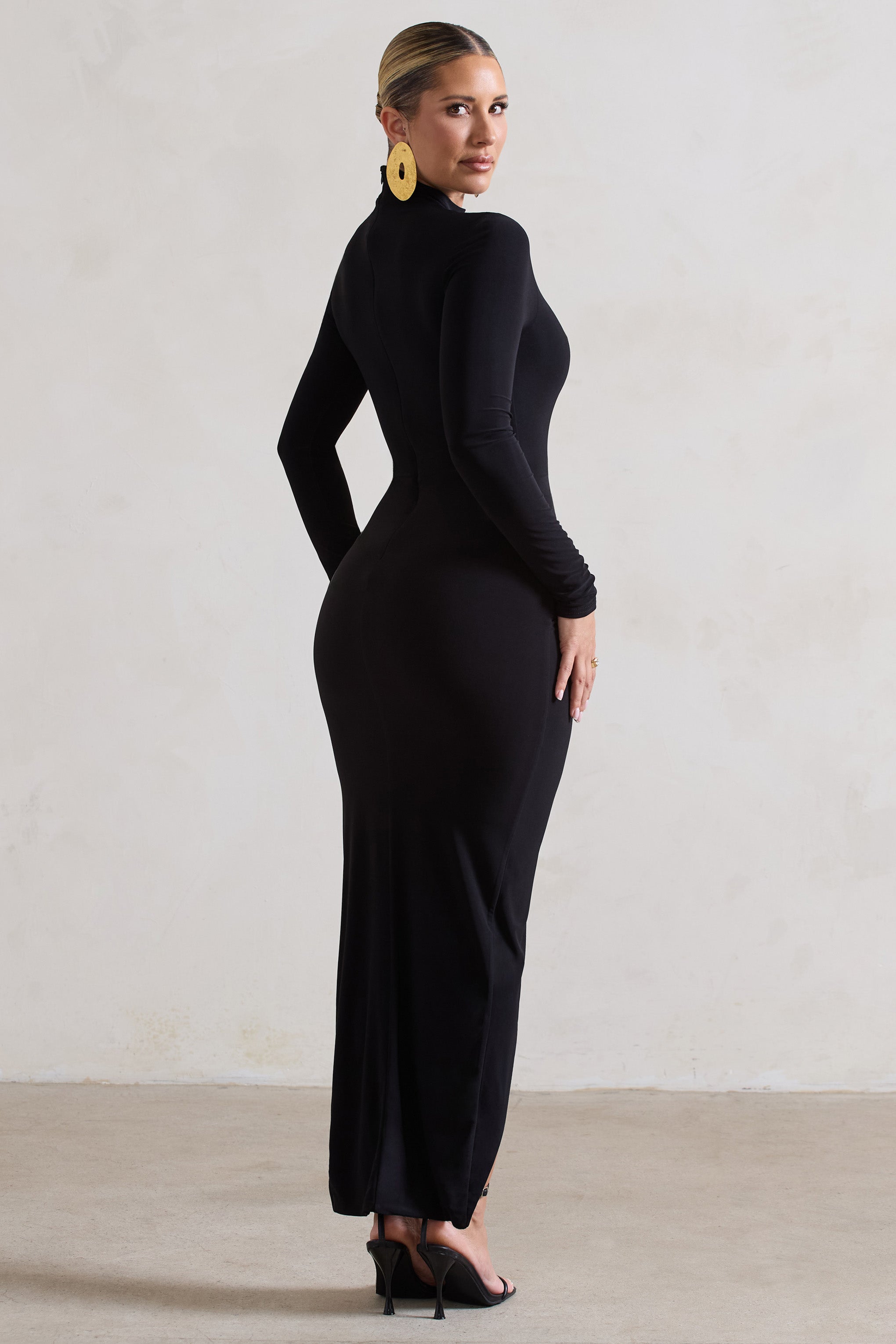 Soha Black High-Neck Wrap Midi Dress