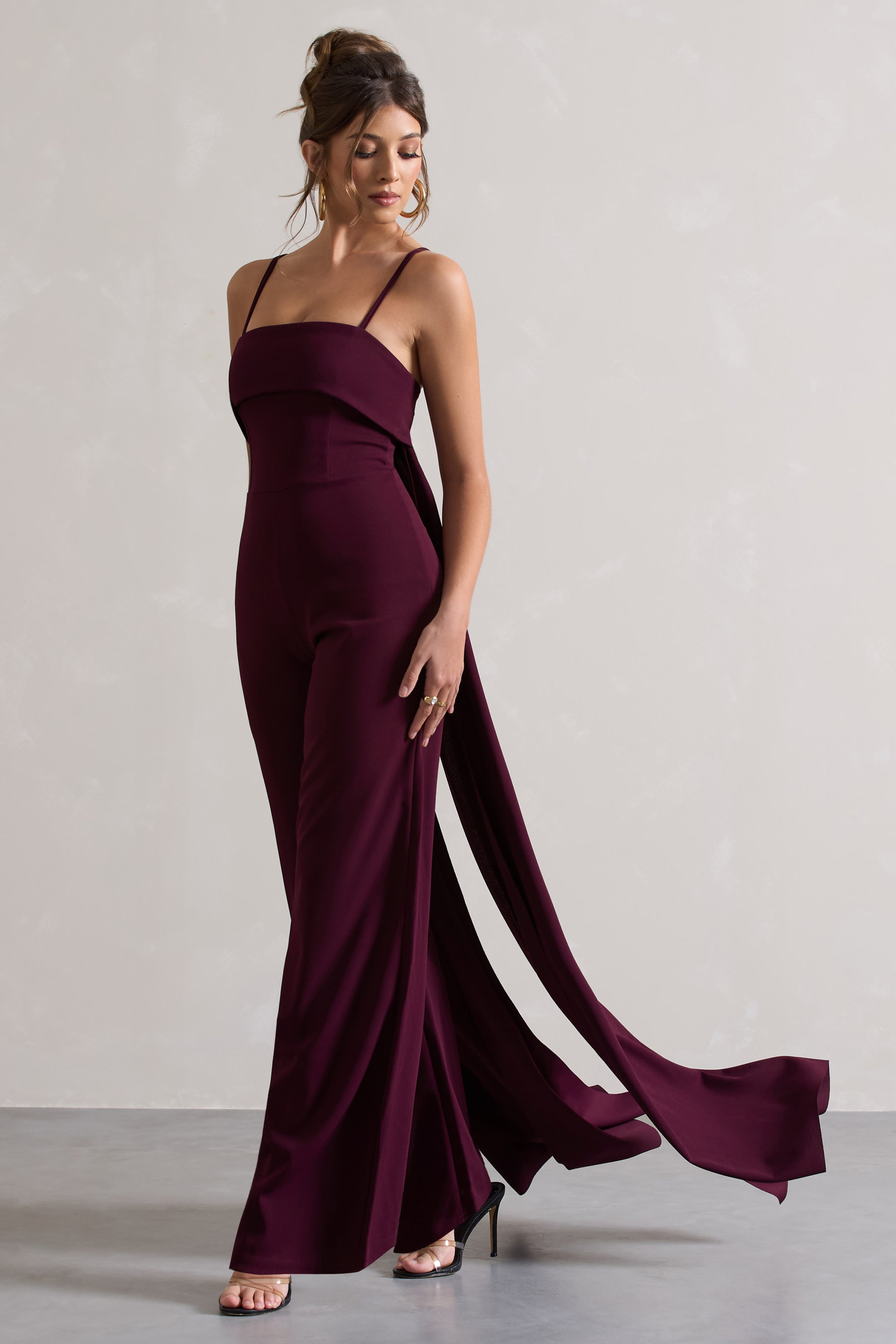 Amaya Dark Plum Bandeau Wide-Leg Jumpsuit With Cape