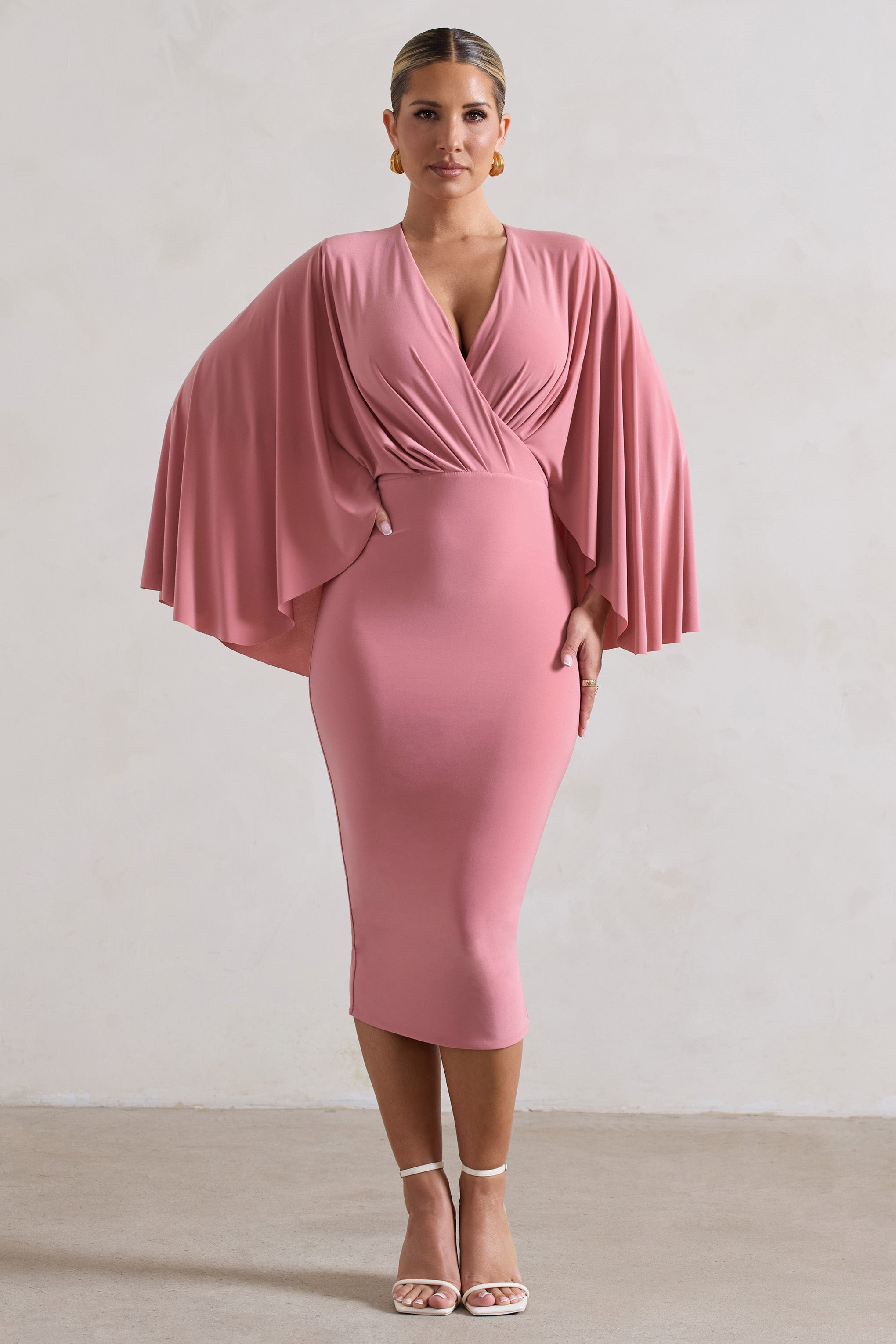 Mishka Blush Pink Plunge-Neck Cape Midi Dress
