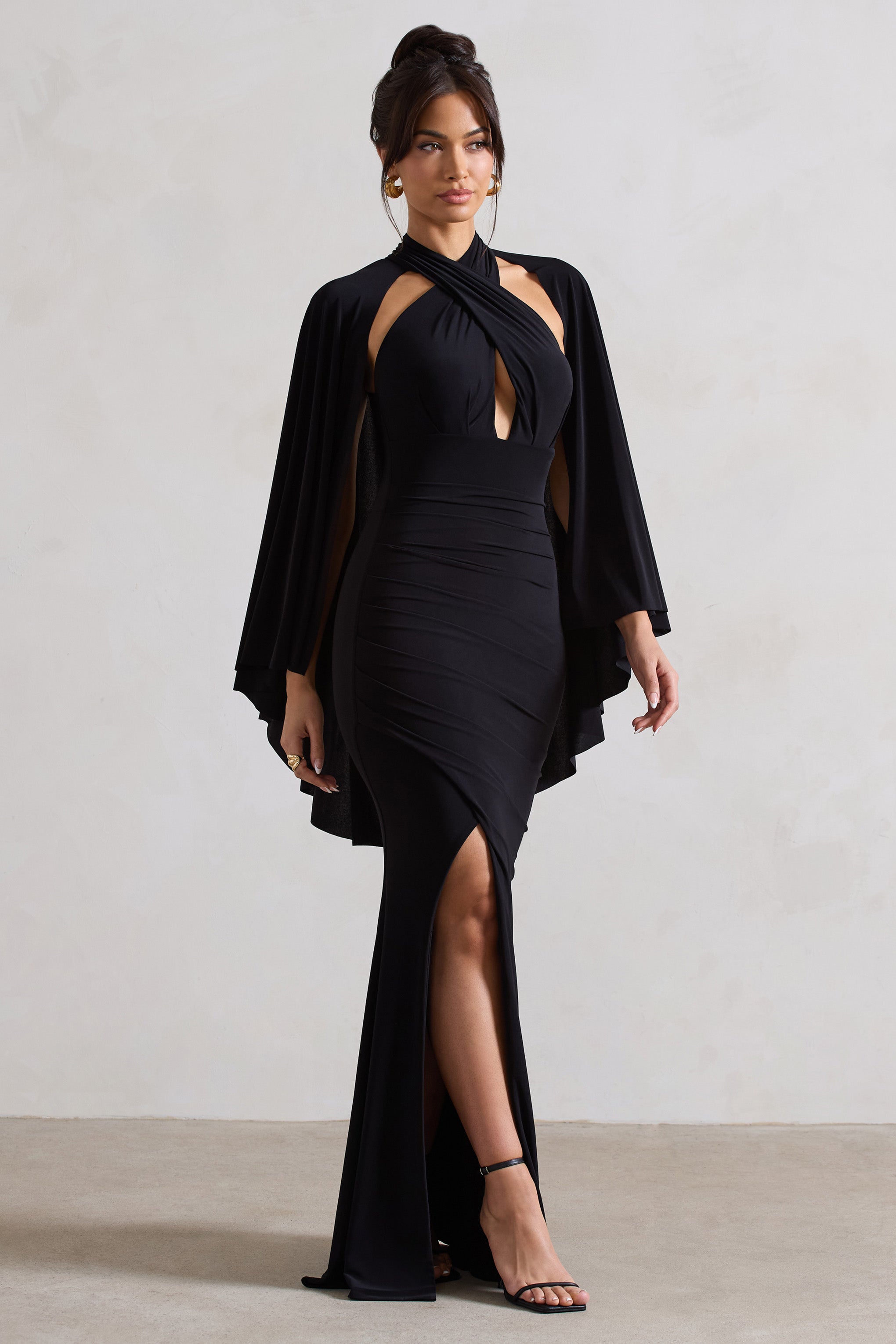 Audrina Black Ruched Halter-Neck Split Maxi Dress With Cape