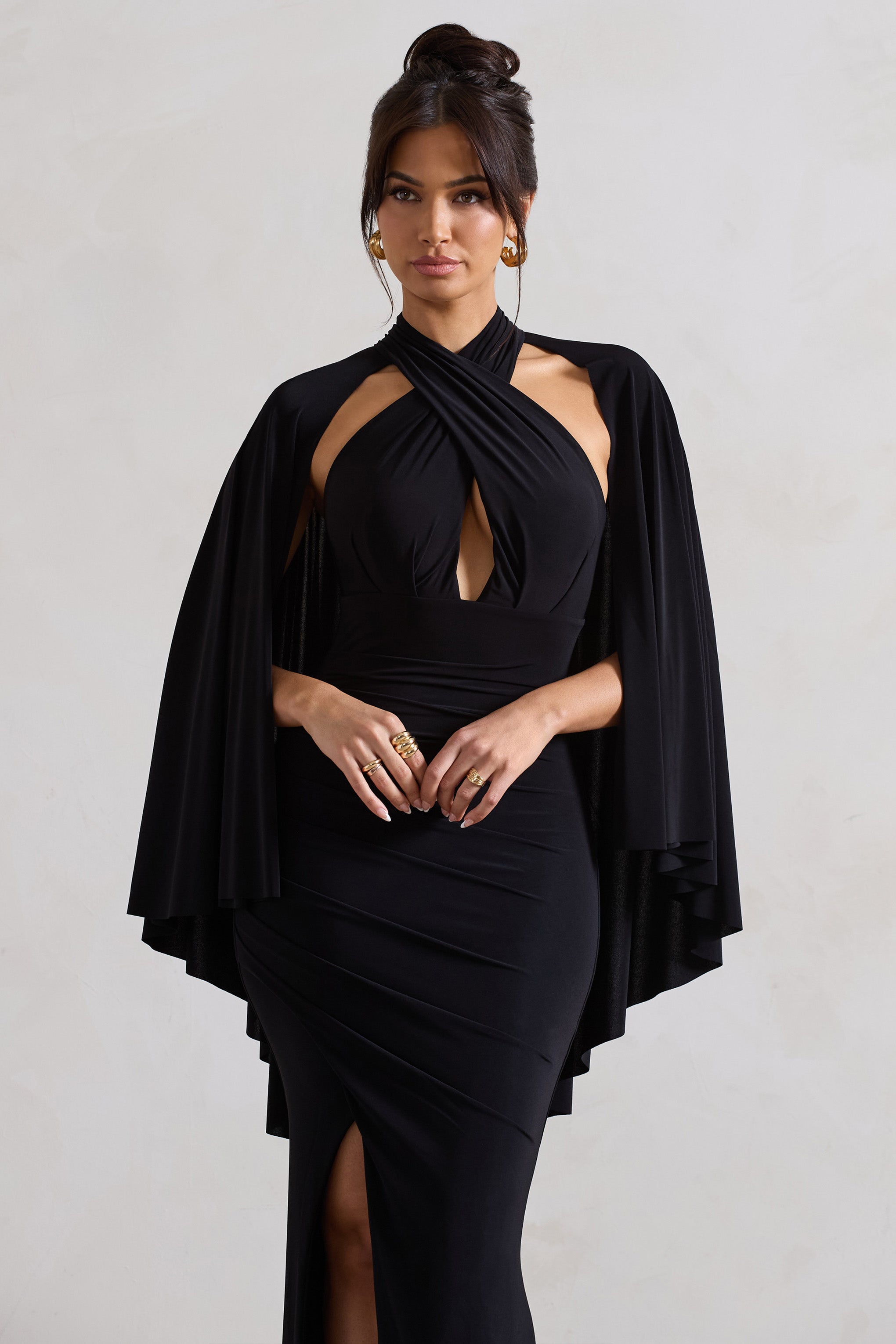 Audrina Black Ruched Halter-Neck Split Maxi Dress With Cape