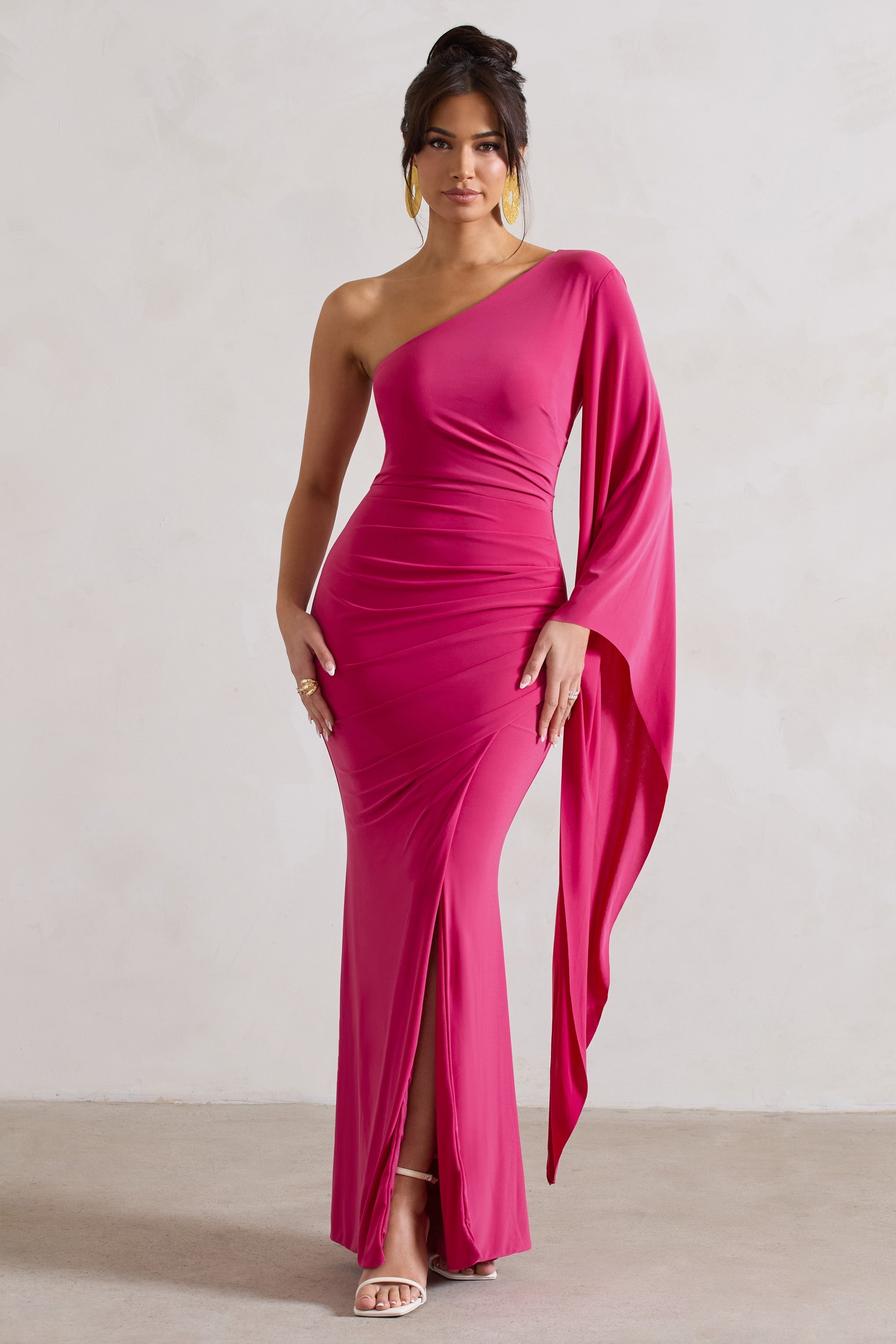 Giada Dark Pink Ruched One Shoulder Cape Sleeve Maxi Dress