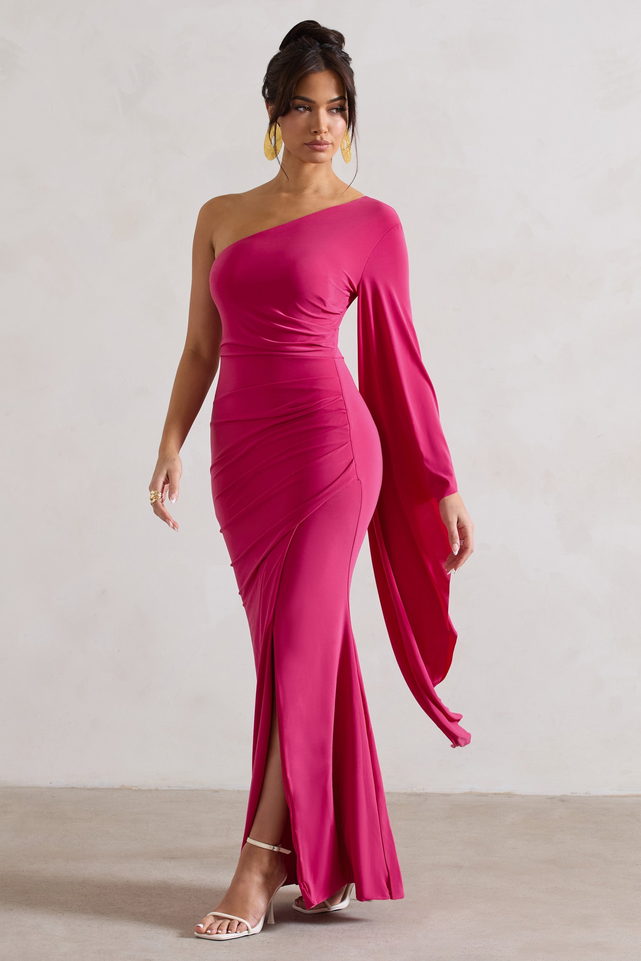 Giada Dark Pink Ruched One Shoulder Cape Sleeve Maxi Dress