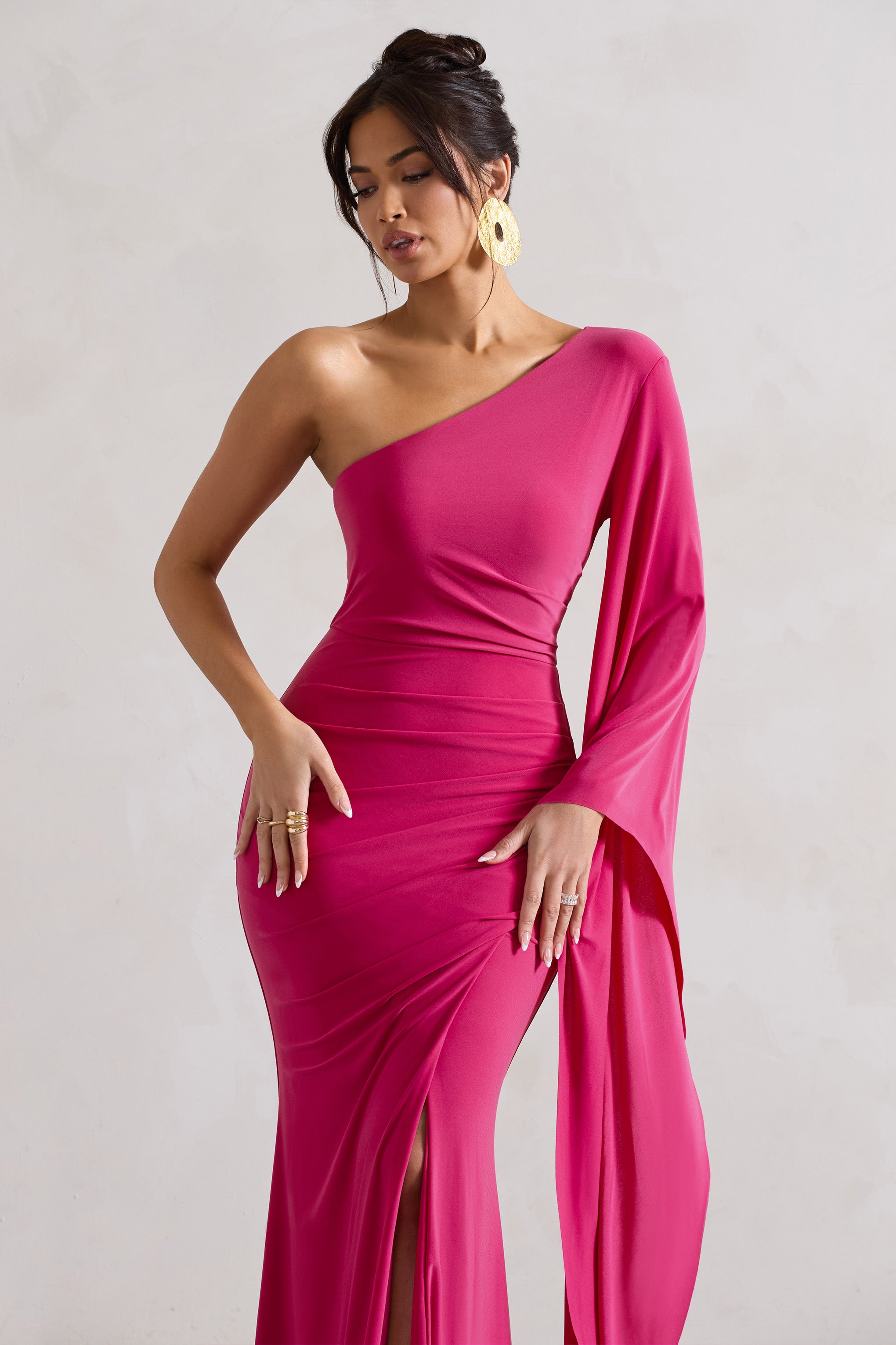 Giada Dark Pink Ruched One Shoulder Cape Sleeve Maxi Dress