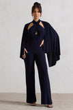 Lourdes Navy Halter-Neck Straight-Leg Jumpsuit With Cape