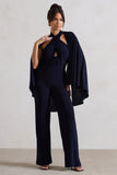 Lourdes Navy Halter-Neck Straight-Leg Jumpsuit With Cape