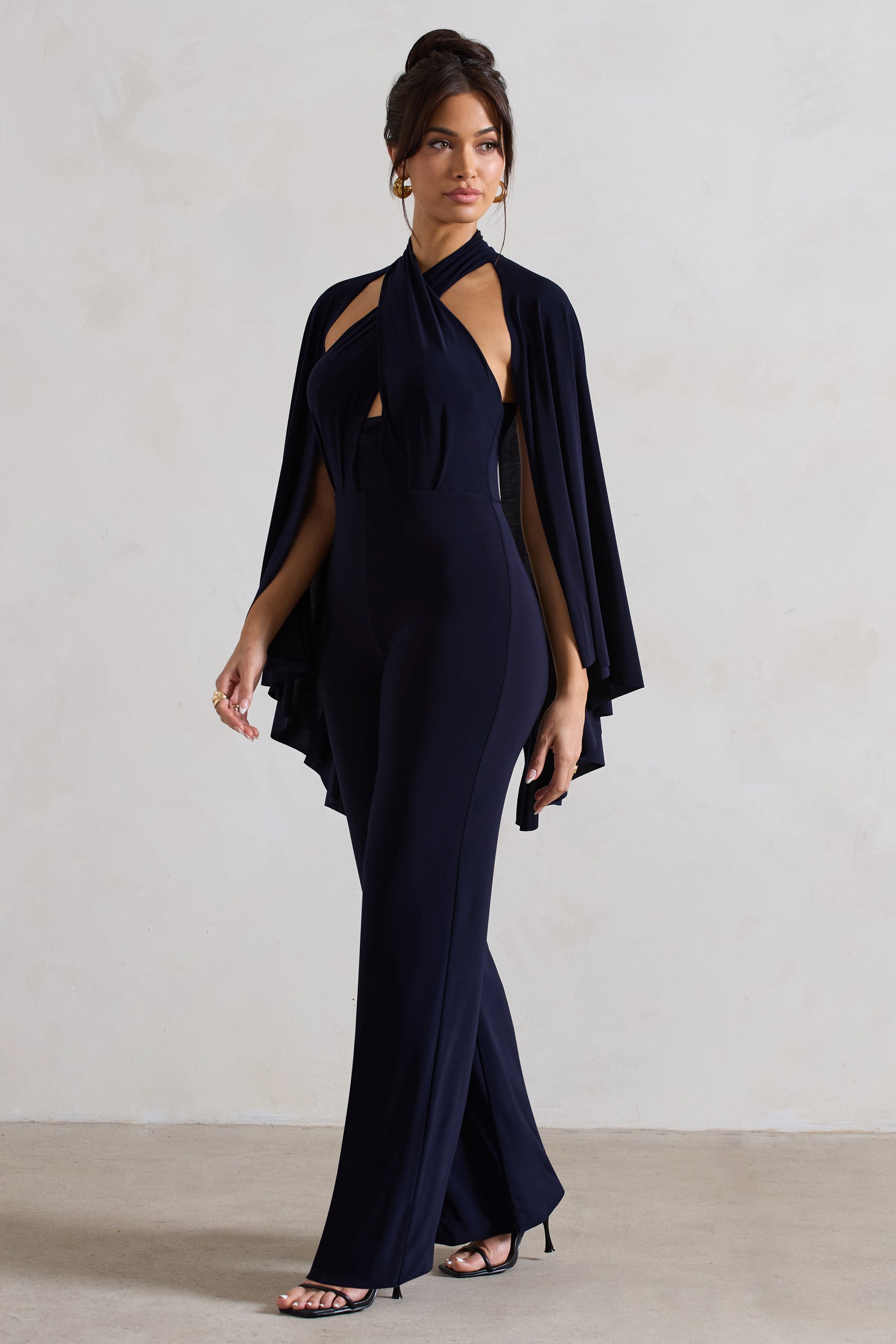 Lourdes Navy Halter-Neck Straight-Leg Jumpsuit With Cape