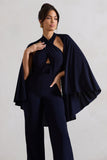 Lourdes Navy Halter-Neck Straight-Leg Jumpsuit With Cape