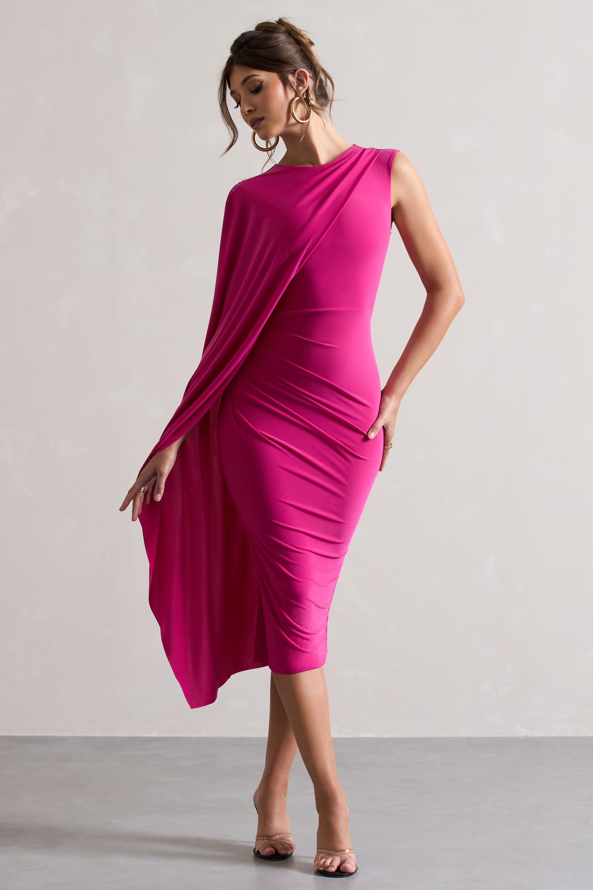 Reveal Dark Pink One-Sleeve Cape Midi Dress