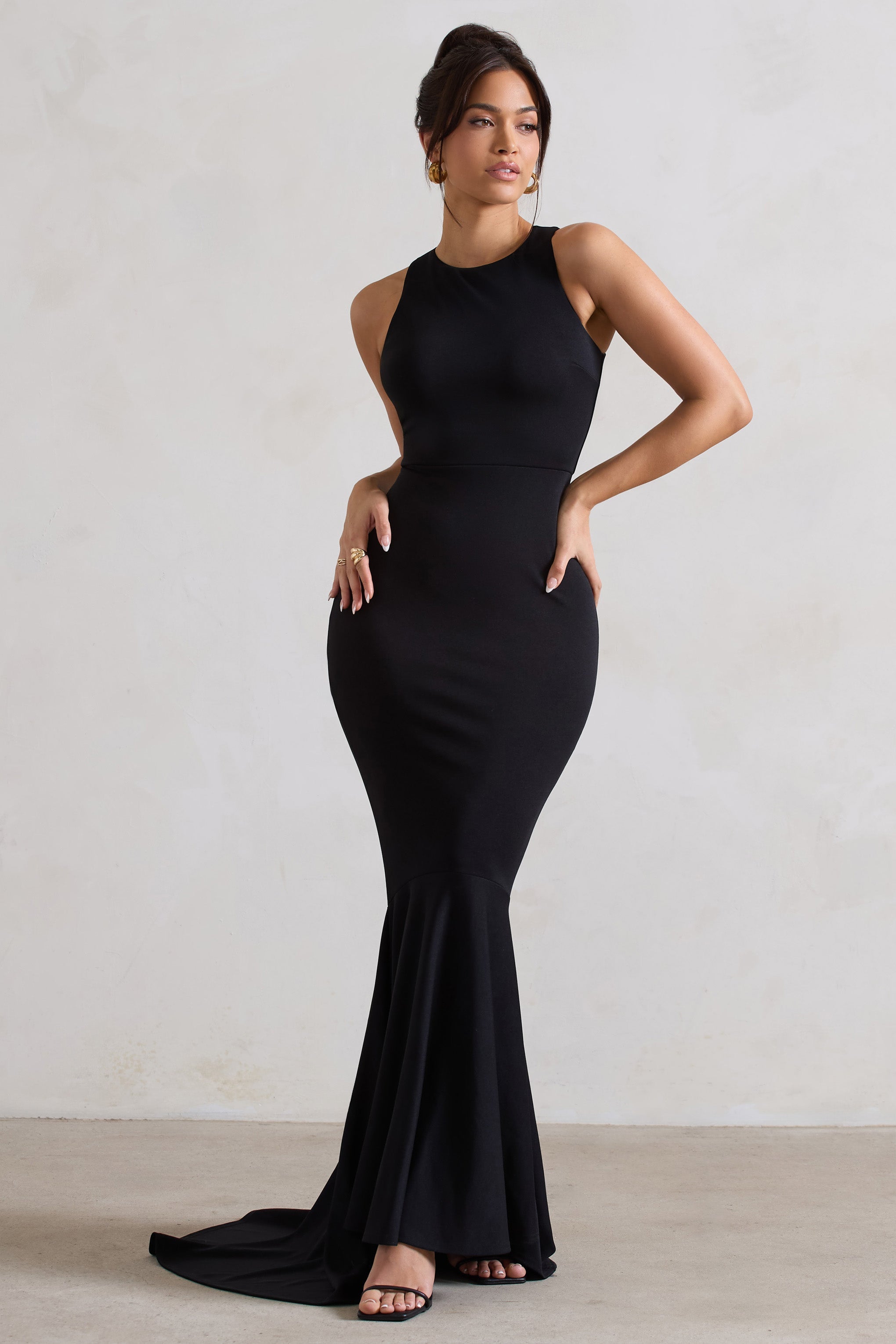 Bodhi Black Racer-Neck Fishtail Maxi Dress