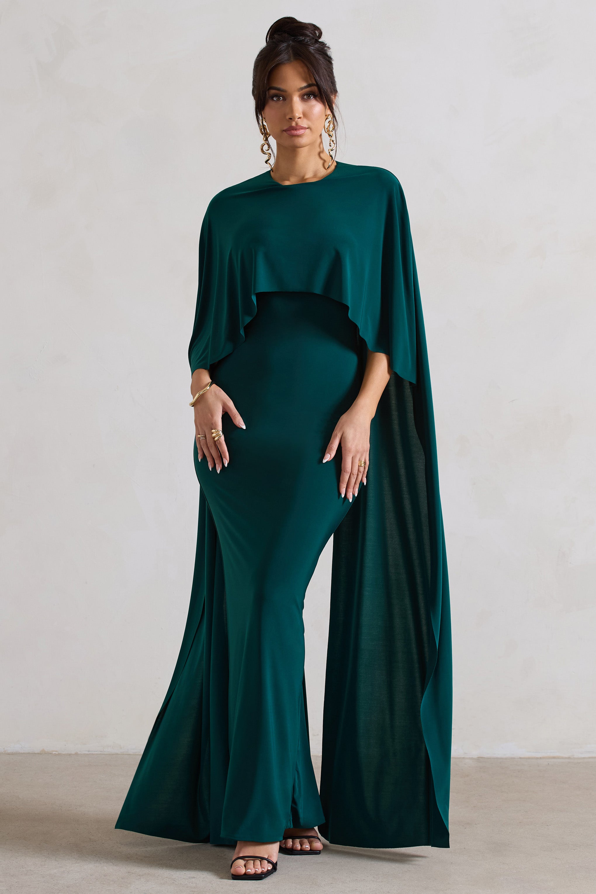 Padma Bottle Green Draped Maxi Dress With Cape Sleeves