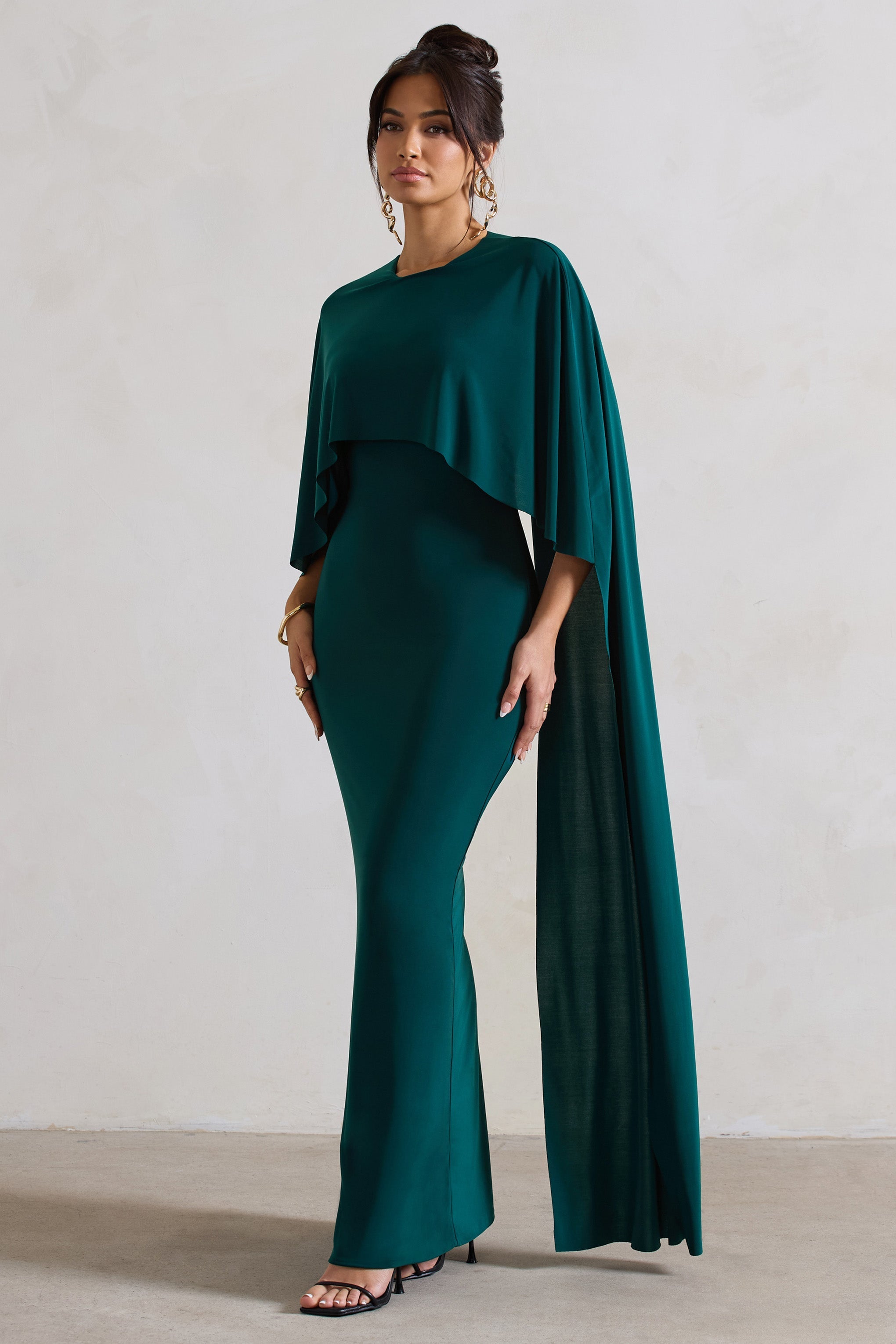 Padma Bottle Green Draped Maxi Dress With Cape Sleeves