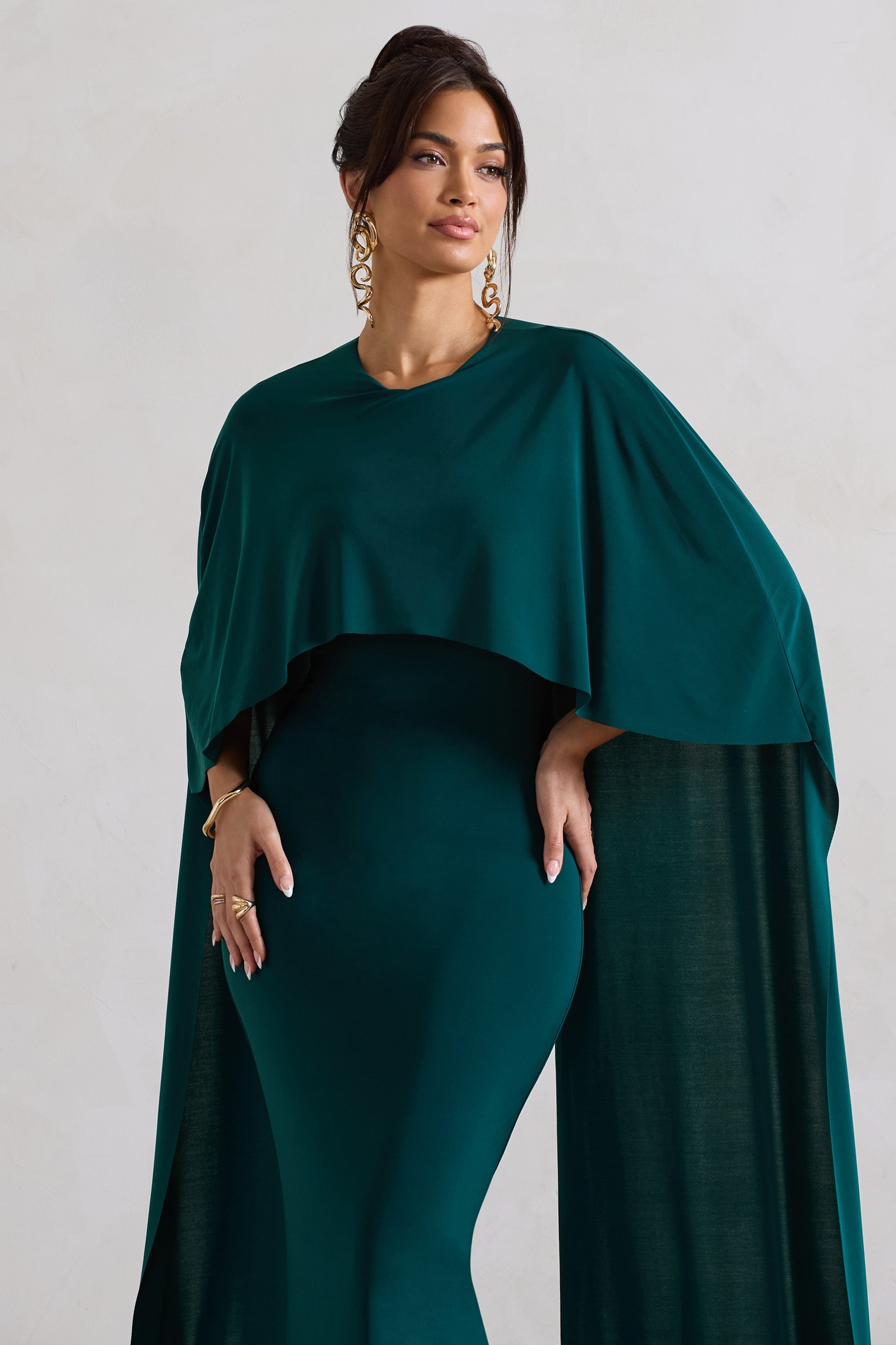 Padma Bottle Green Draped Maxi Dress With Cape Sleeves