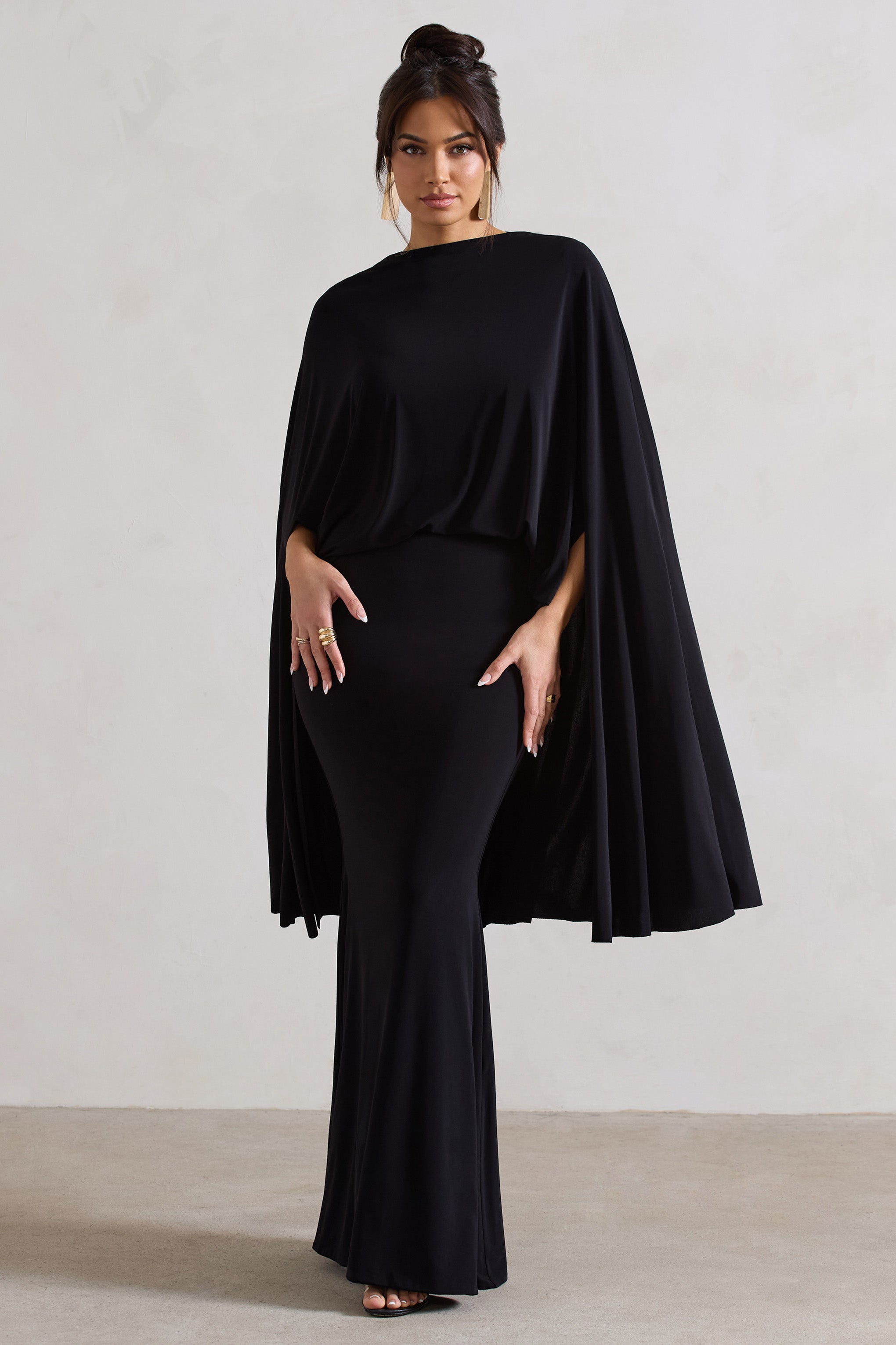 Charmaine Black High-Neck Maxi Dress With Cape