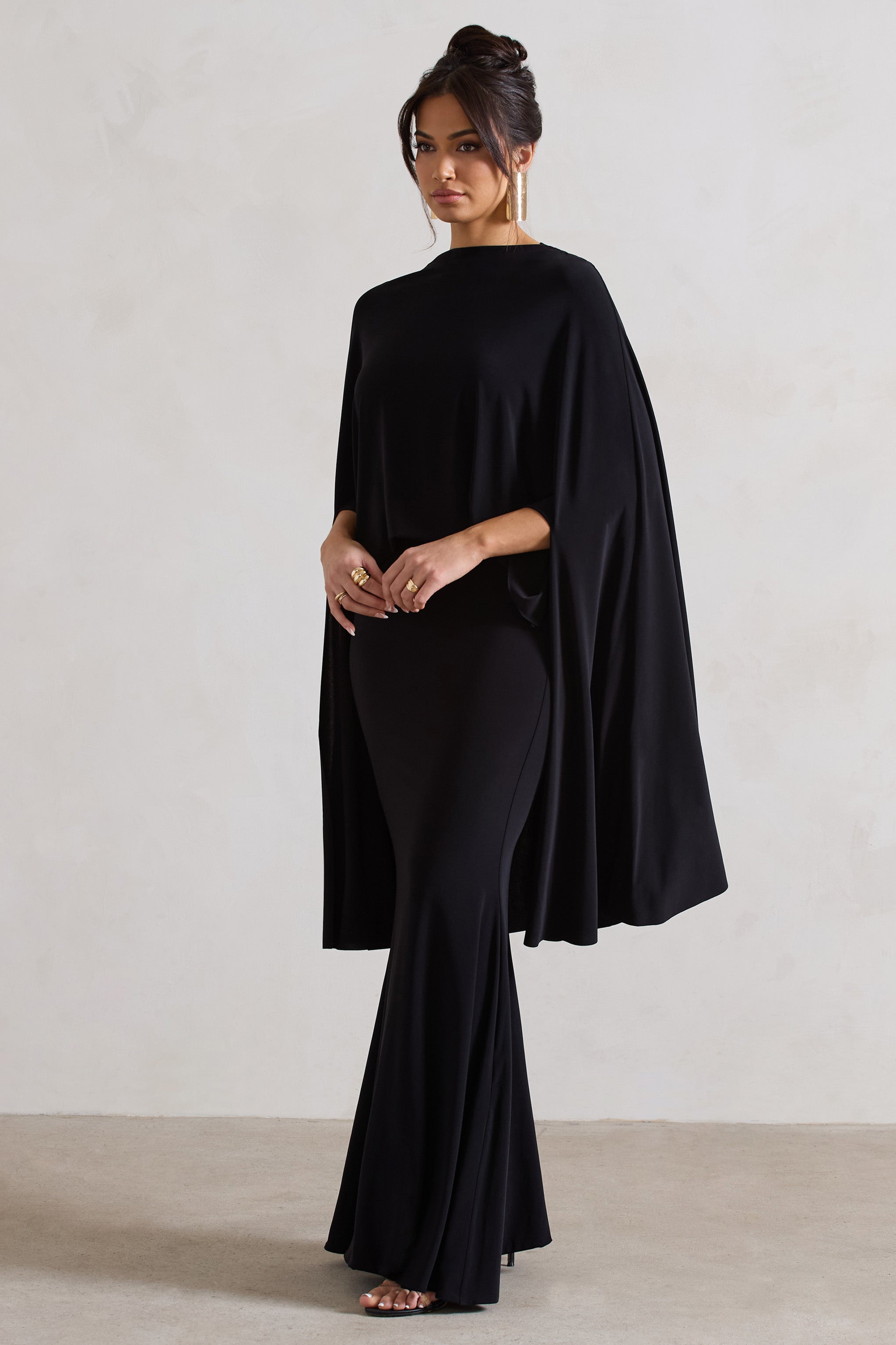 Charmaine Black High-Neck Maxi Dress With Cape