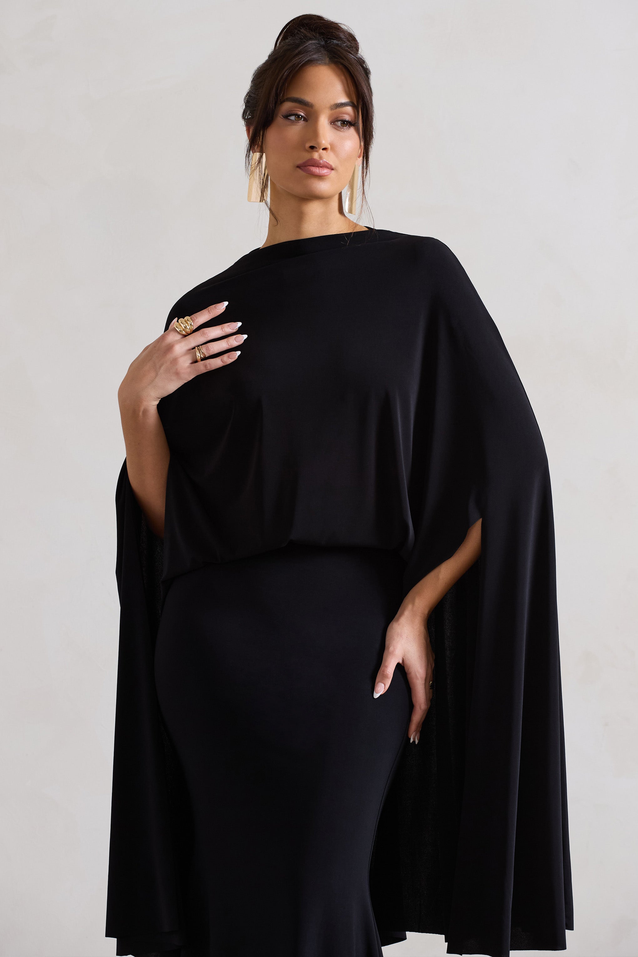 Charmaine Black High-Neck Maxi Dress With Cape