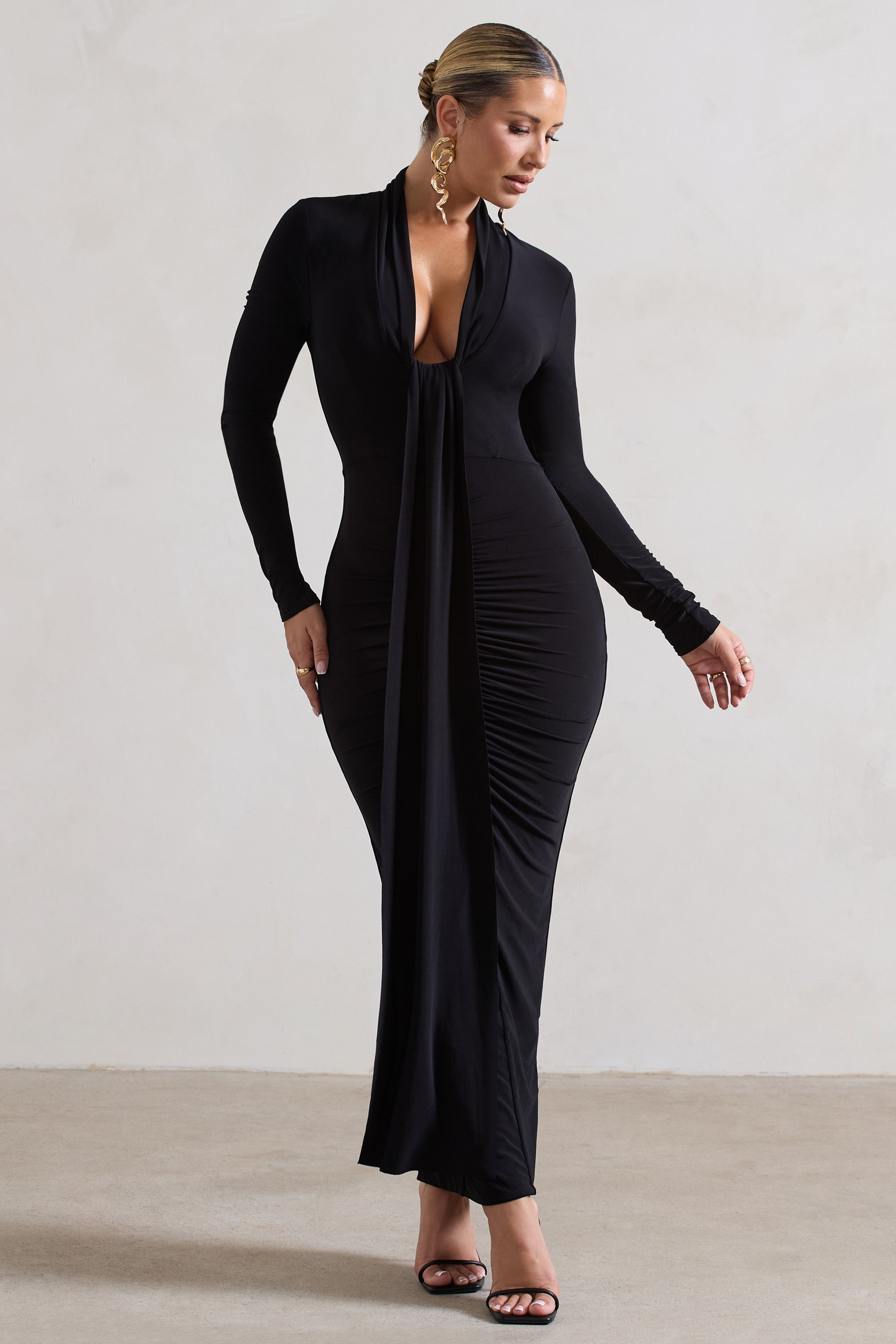 Risha Black Plunge-Neck Long-Sleeve Drape Maxi Dress