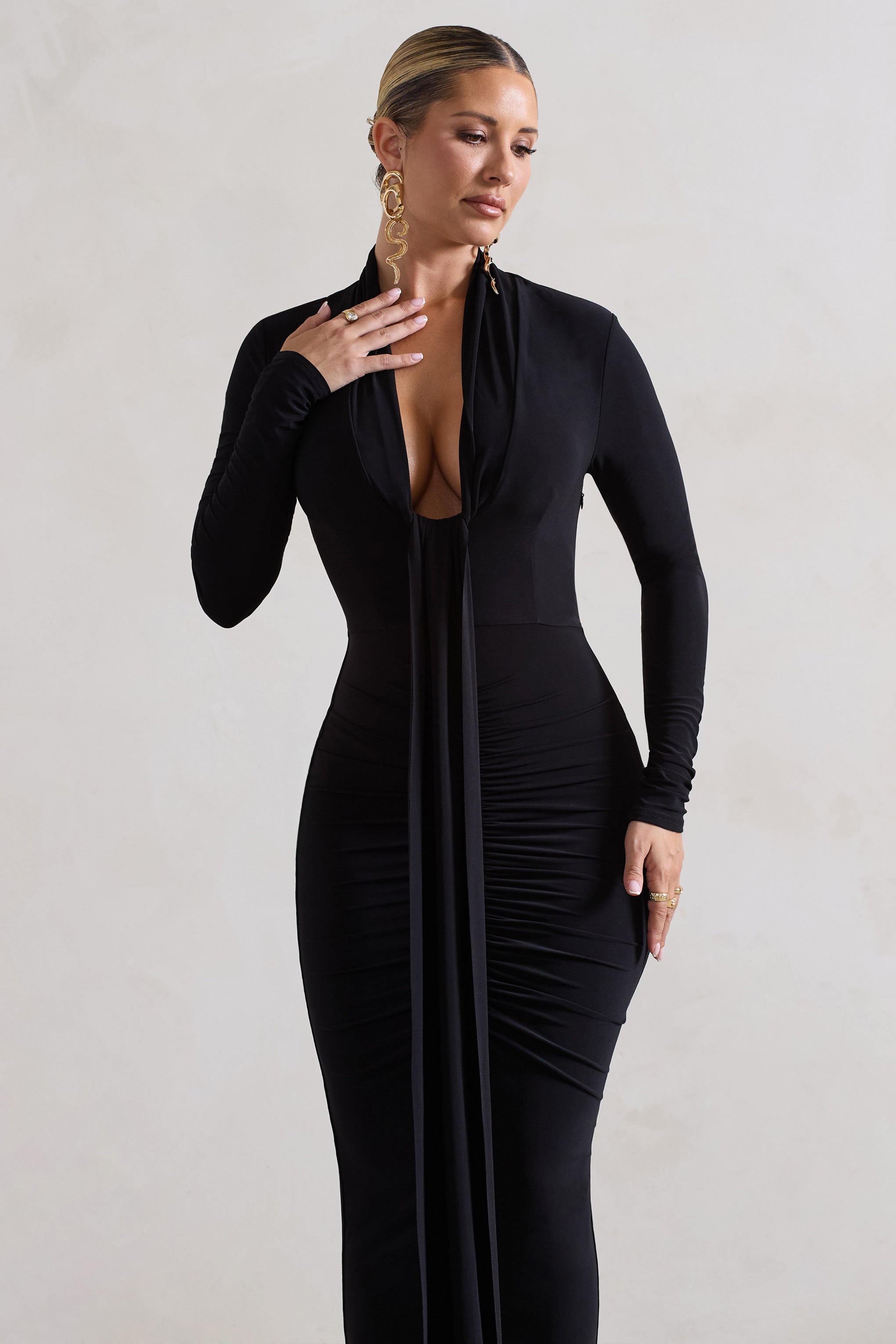 Risha Black Plunge-Neck Long-Sleeve Drape Maxi Dress