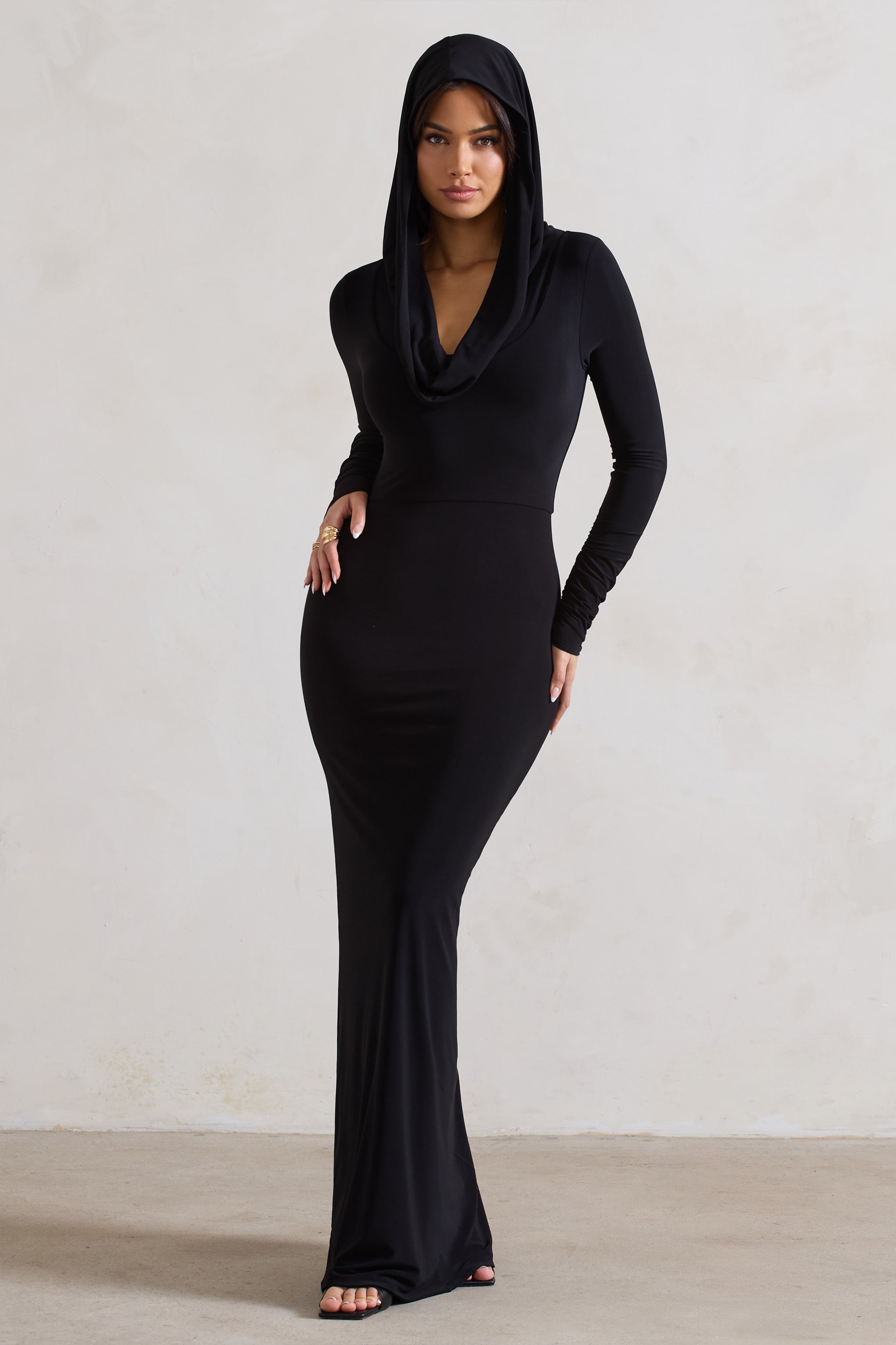 Shira Black Long-Sleeve Hooded Maxi Dress