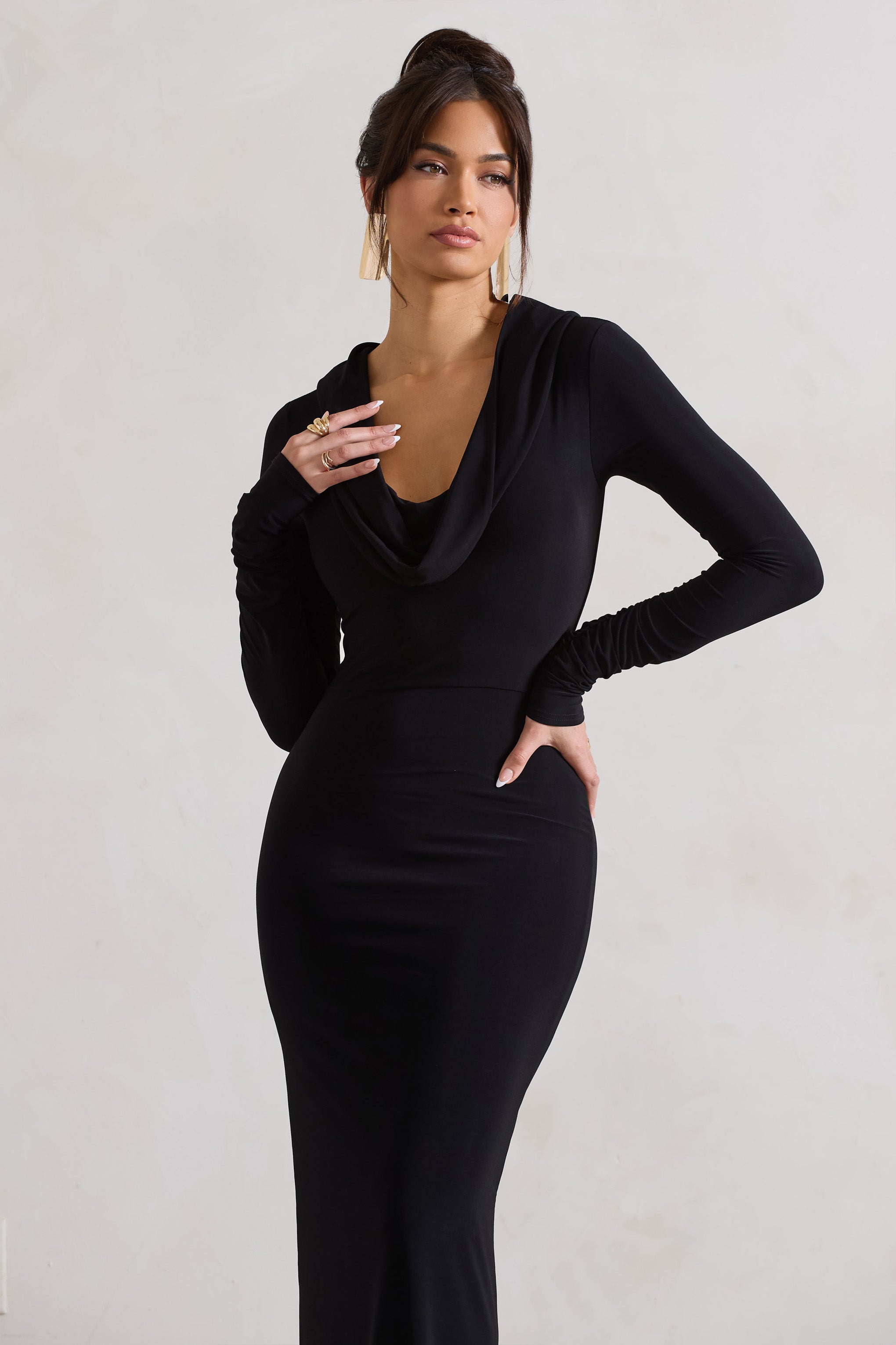 Shira Black Long-Sleeve Hooded Maxi Dress